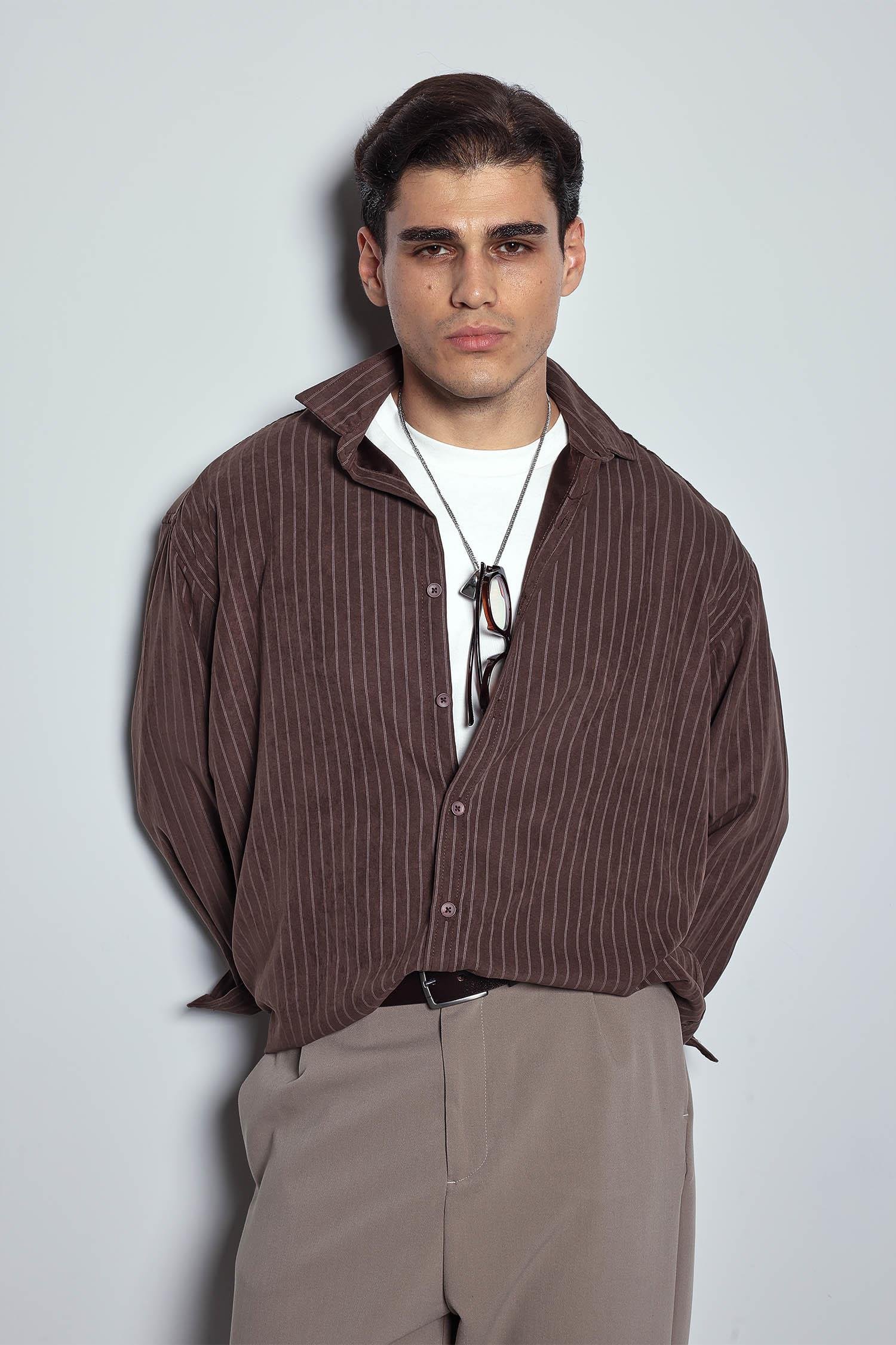 Erkek Oversize Çizgili Uzun Kollu Gömlek Kahverengi