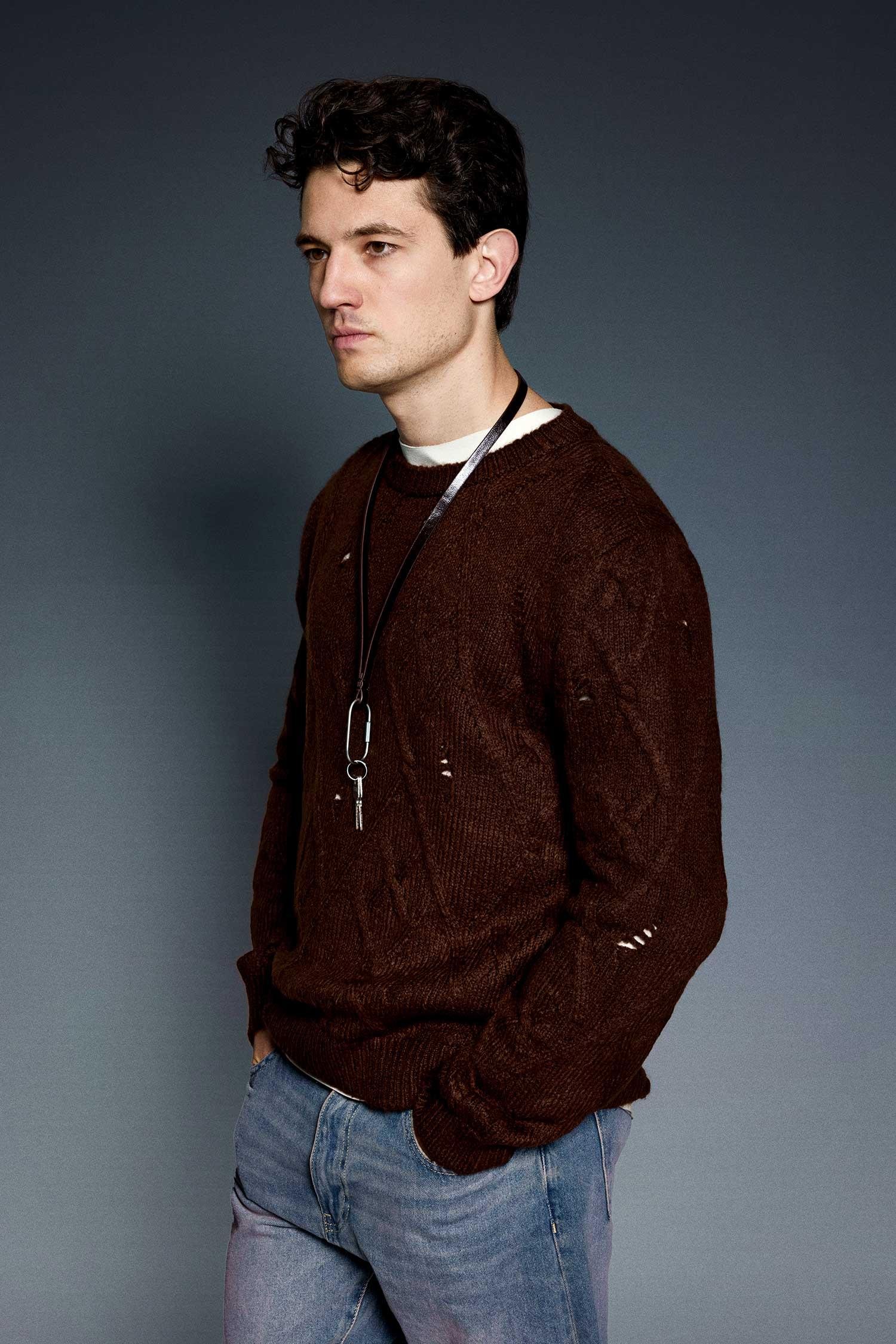 Erkek Oversize Desenli Triko Kazak Kahverengi