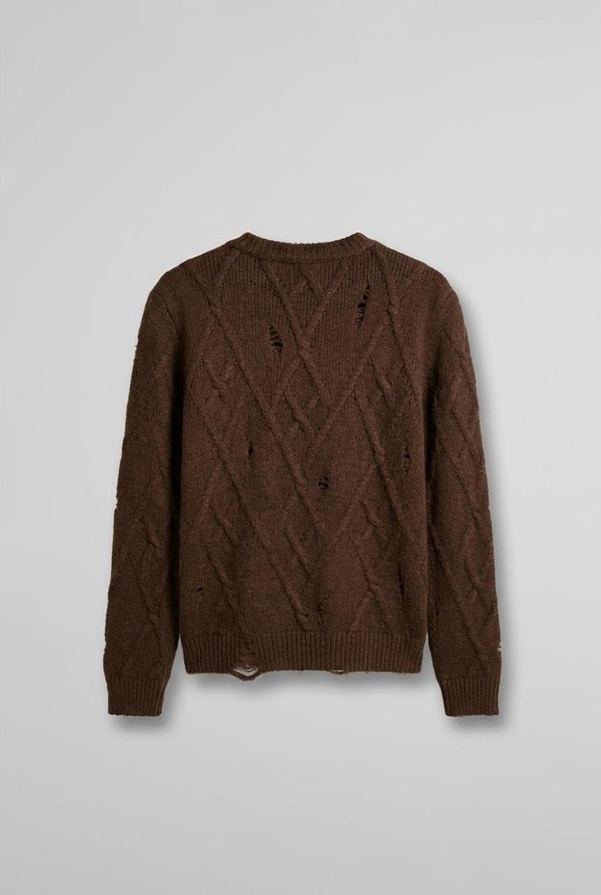 Erkek Oversize Desenli Triko Kazak Kahverengi