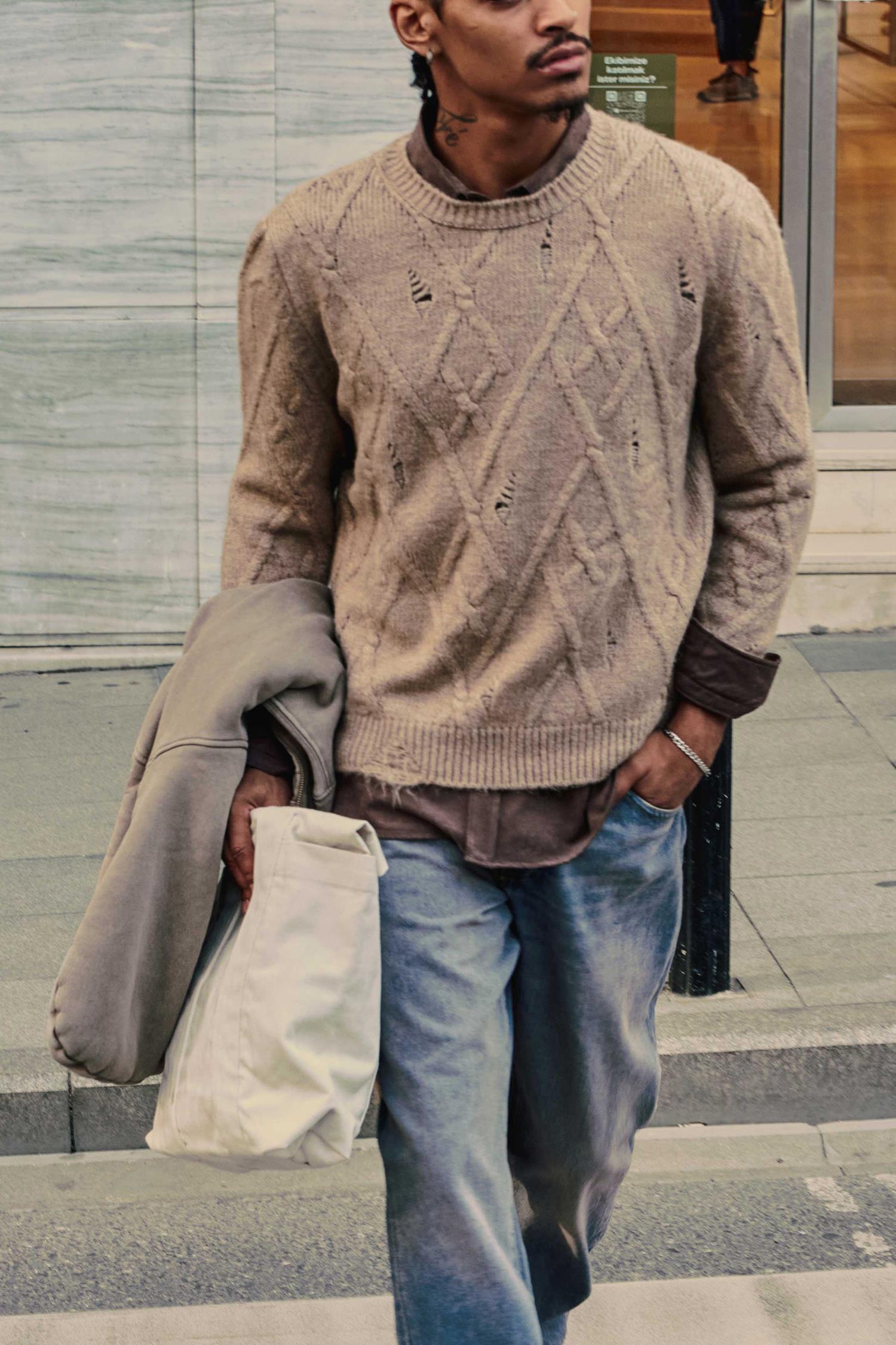 Erkek Oversize Desenli Triko Kazak Taş