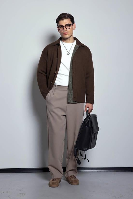 Erkek Oversize Düğmeli Hırka Kahverengi