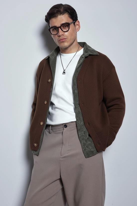 Erkek Oversize Düğmeli Hırka Kahverengi