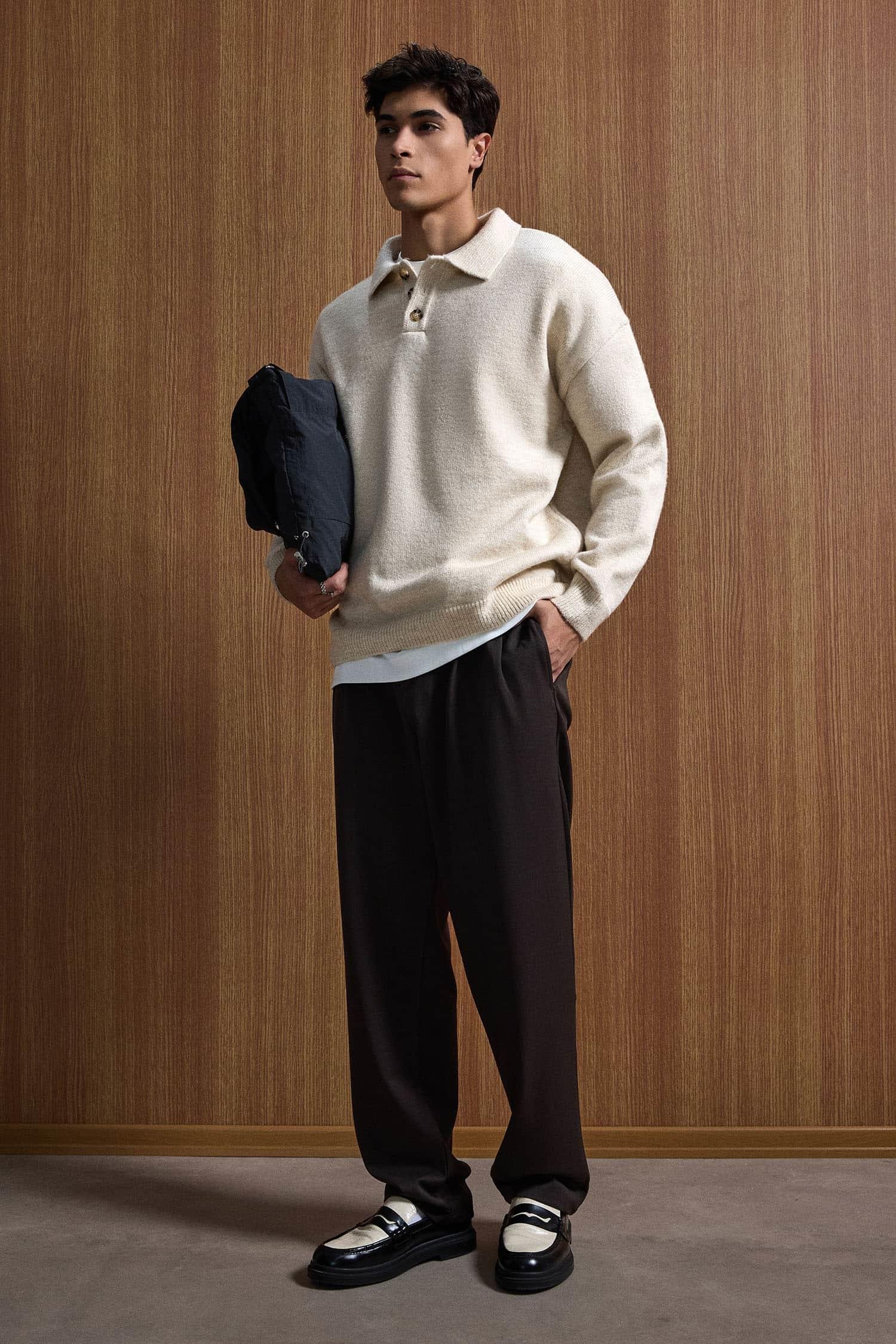 Erkek Oversize Düğmeli Triko Kazak Bej