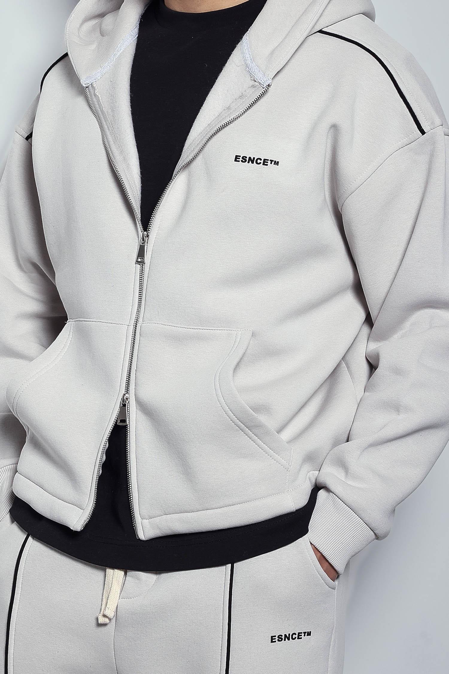 Erkek Oversize Fermuarlı Kapüşonlu Eşofman Takımı Gri