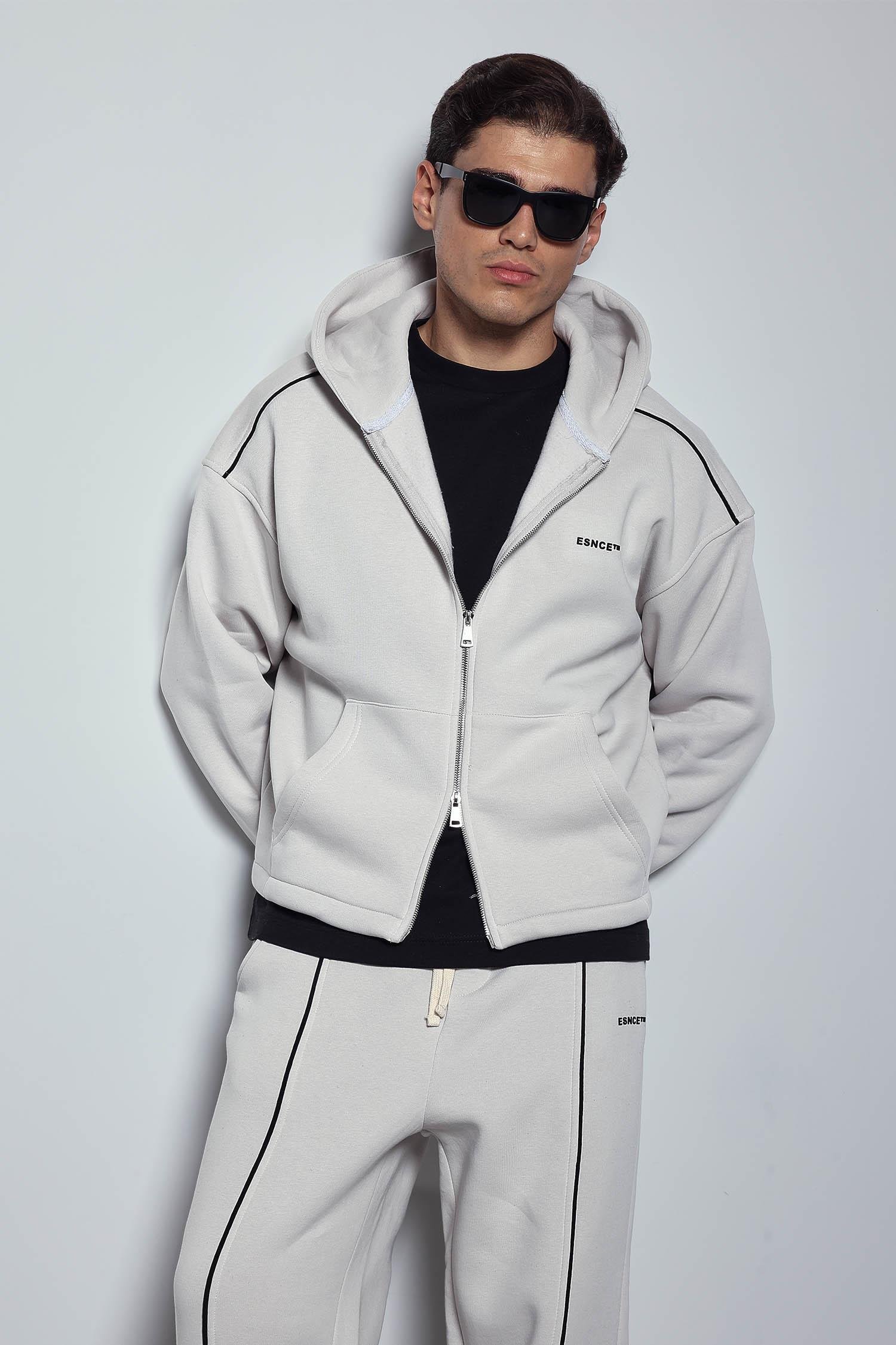 Erkek Oversize Fermuarlı Kapüşonlu Eşofman Takımı Gri