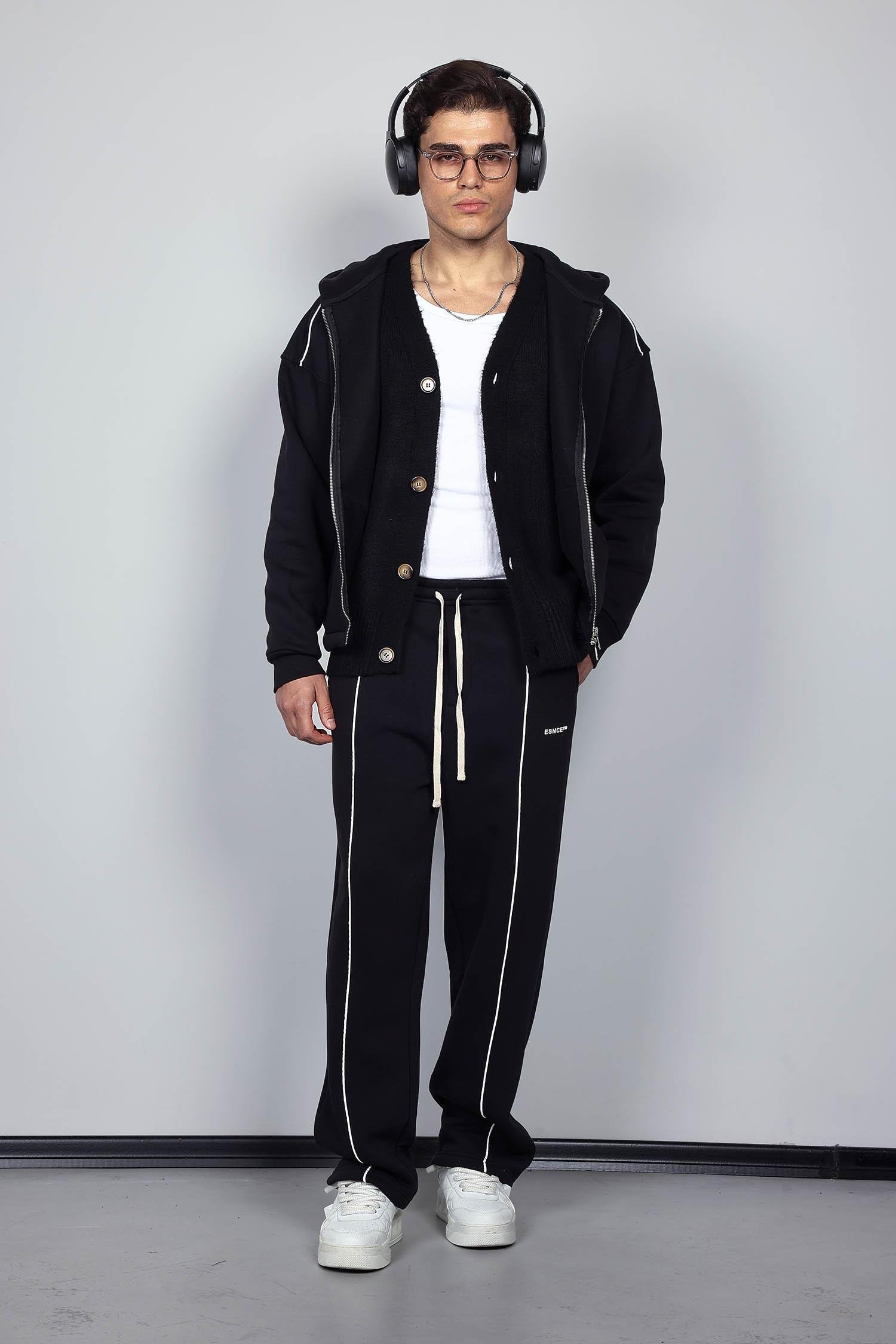 Erkek Oversize Fermuarlı Kapüşonlu Eşofman Takımı Siyah