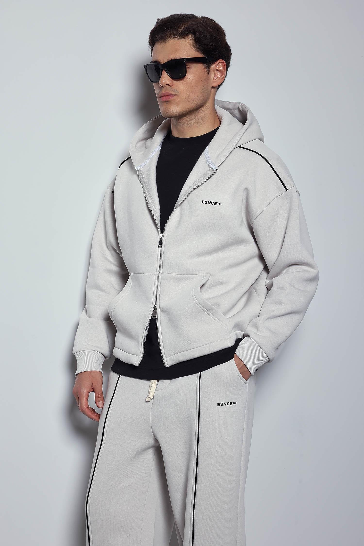 Erkek Oversize Fermuarlı Kapüşonlu Eşofman Takımı Gri