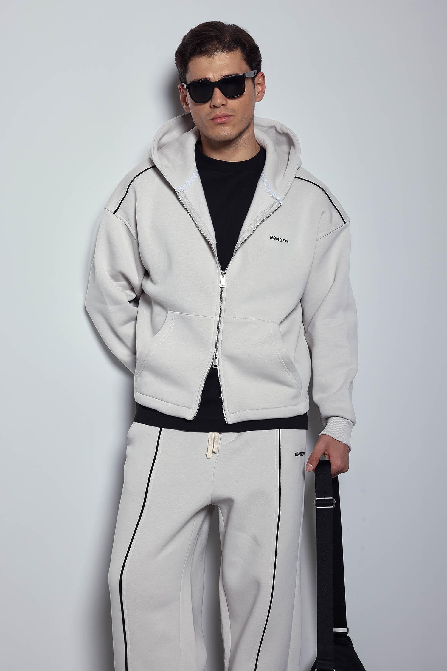 Erkek Oversize Fermuarlı Kapüşonlu Eşofman Takımı Gri