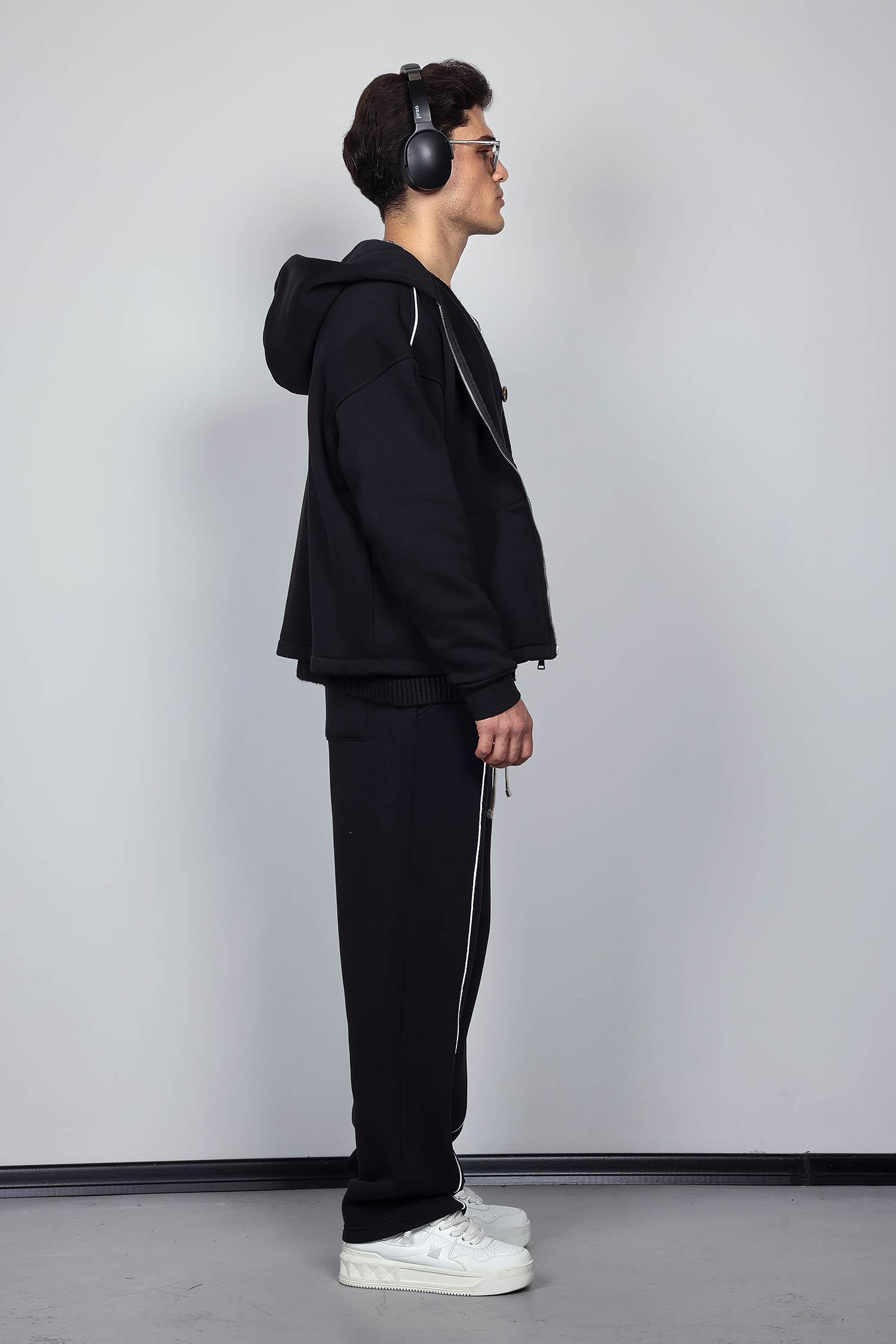 Erkek Oversize Fermuarlı Kapüşonlu Eşofman Takımı Siyah
