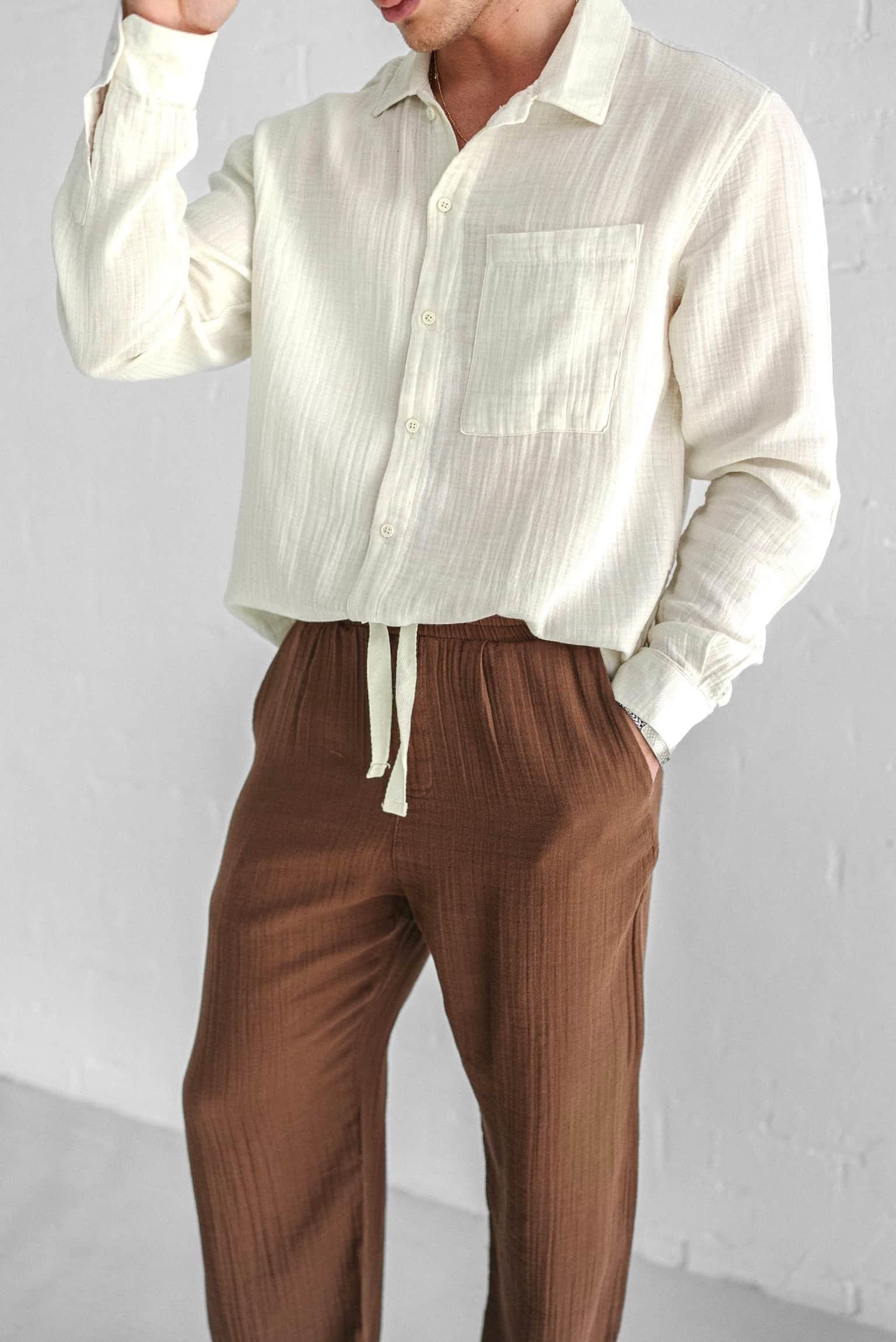 Erkek Oversize Fit Uzun Kollu Müslin Gömlek Bej