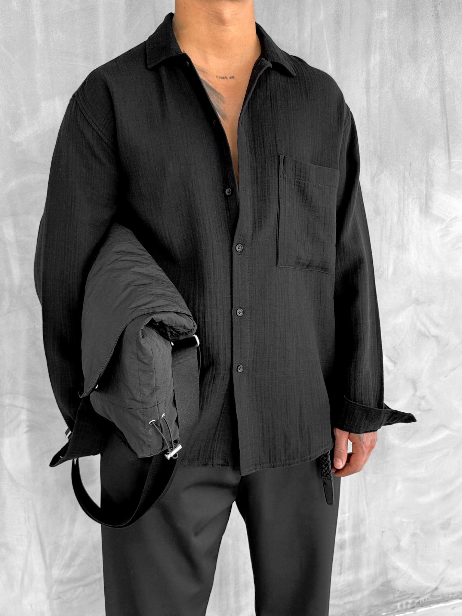 Erkek Oversize Fit Uzun Kollu Müslin Gömlek Siyah