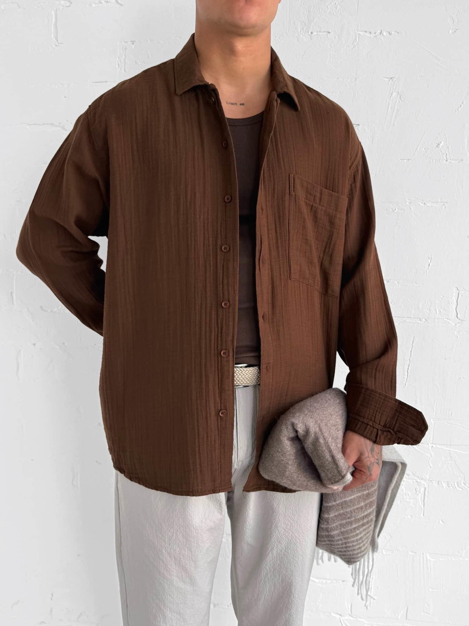 Erkek Oversize Fit Uzun Kollu Müslin Gömlek Kahverengi
