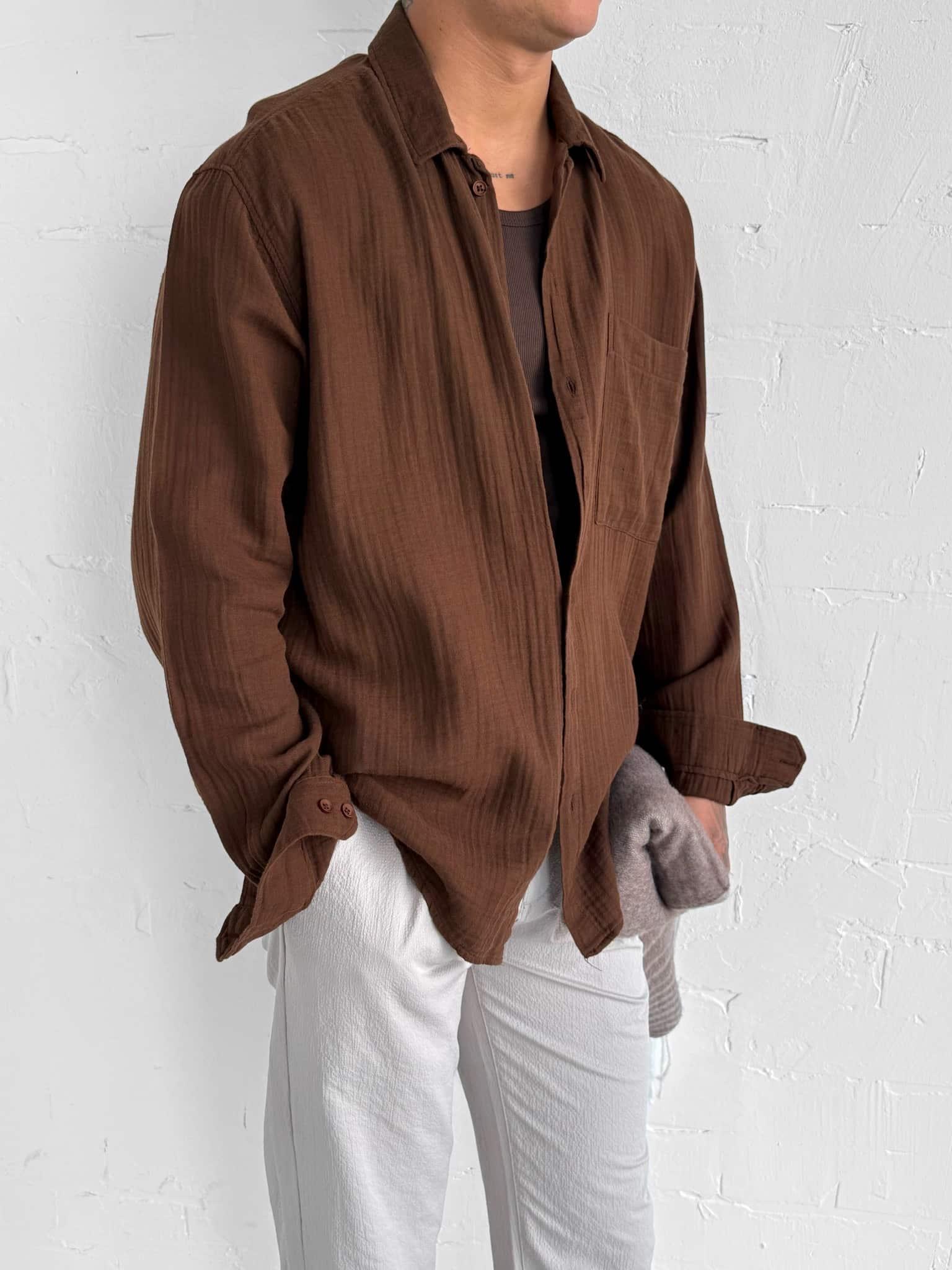 Erkek Oversize Fit Uzun Kollu Müslin Gömlek Kahverengi