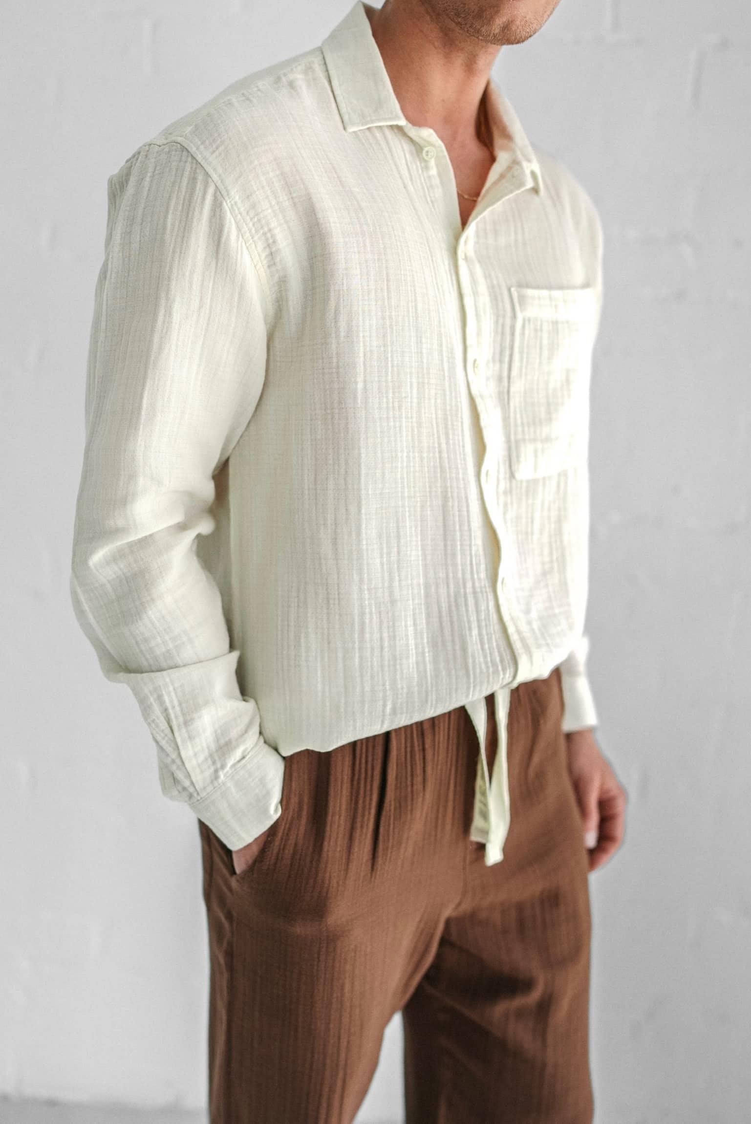 Erkek Oversize Fit Uzun Kollu Müslin Gömlek Bej