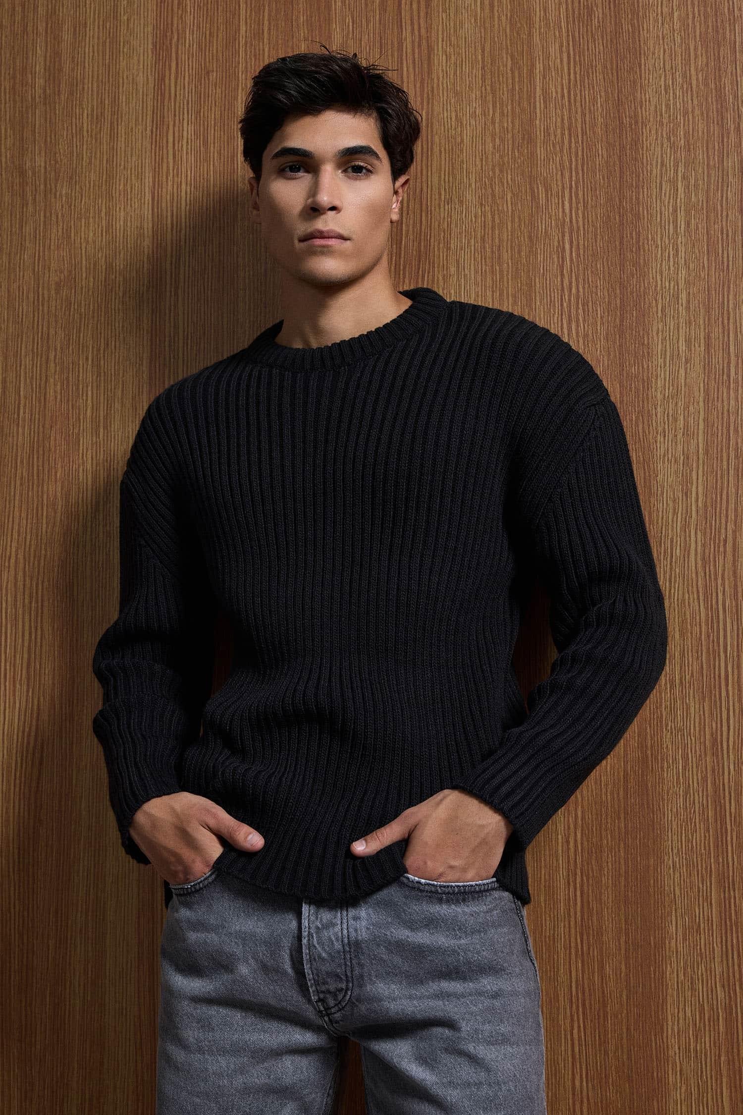 Erkek Oversize Fitilli Basic Triko Kazak Siyah