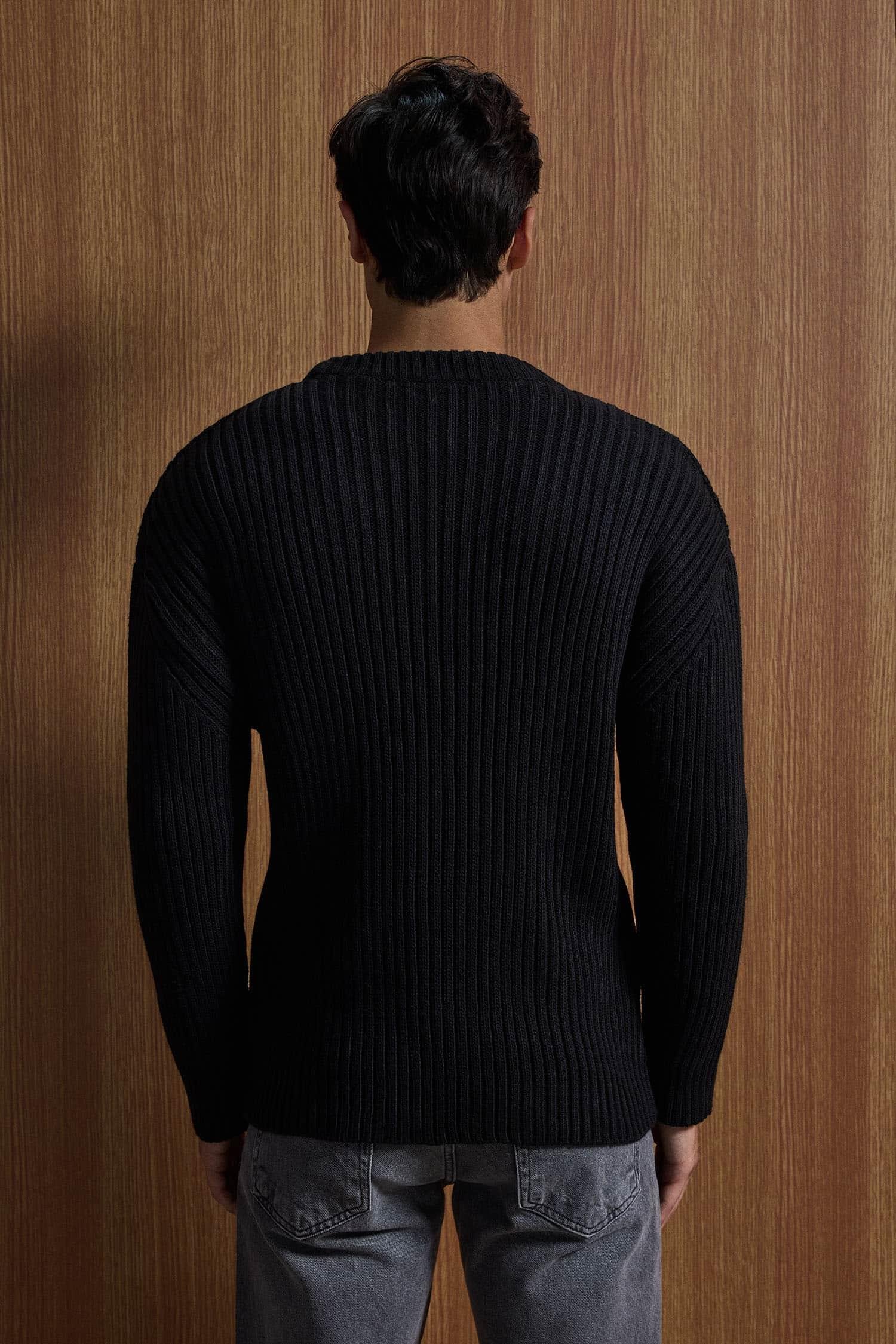 Erkek Oversize Fitilli Basic Triko Kazak Siyah