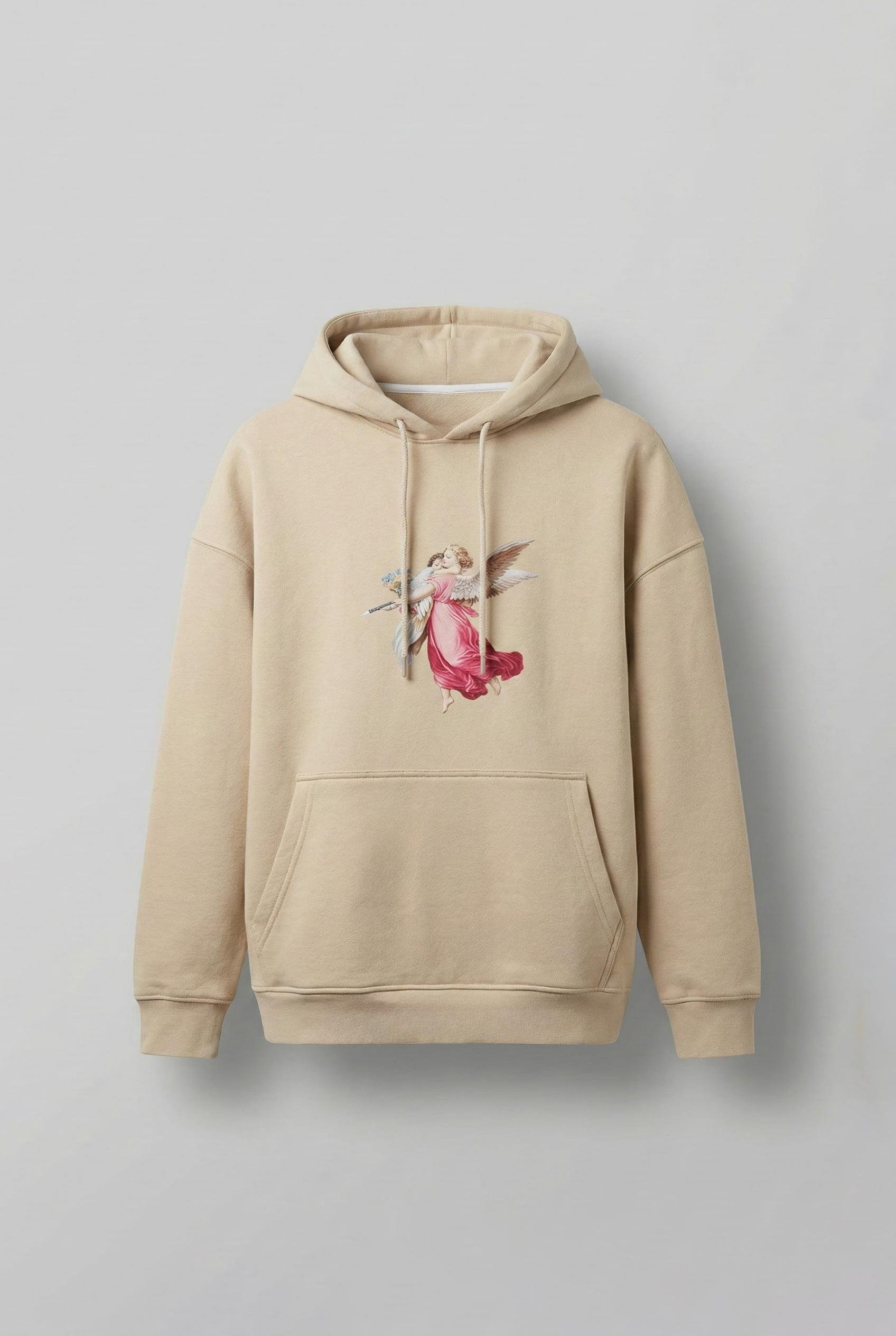 Unisex Oversize Hero Angel Grafik Baskılı Kapüşonlu Sweatshirt Bej