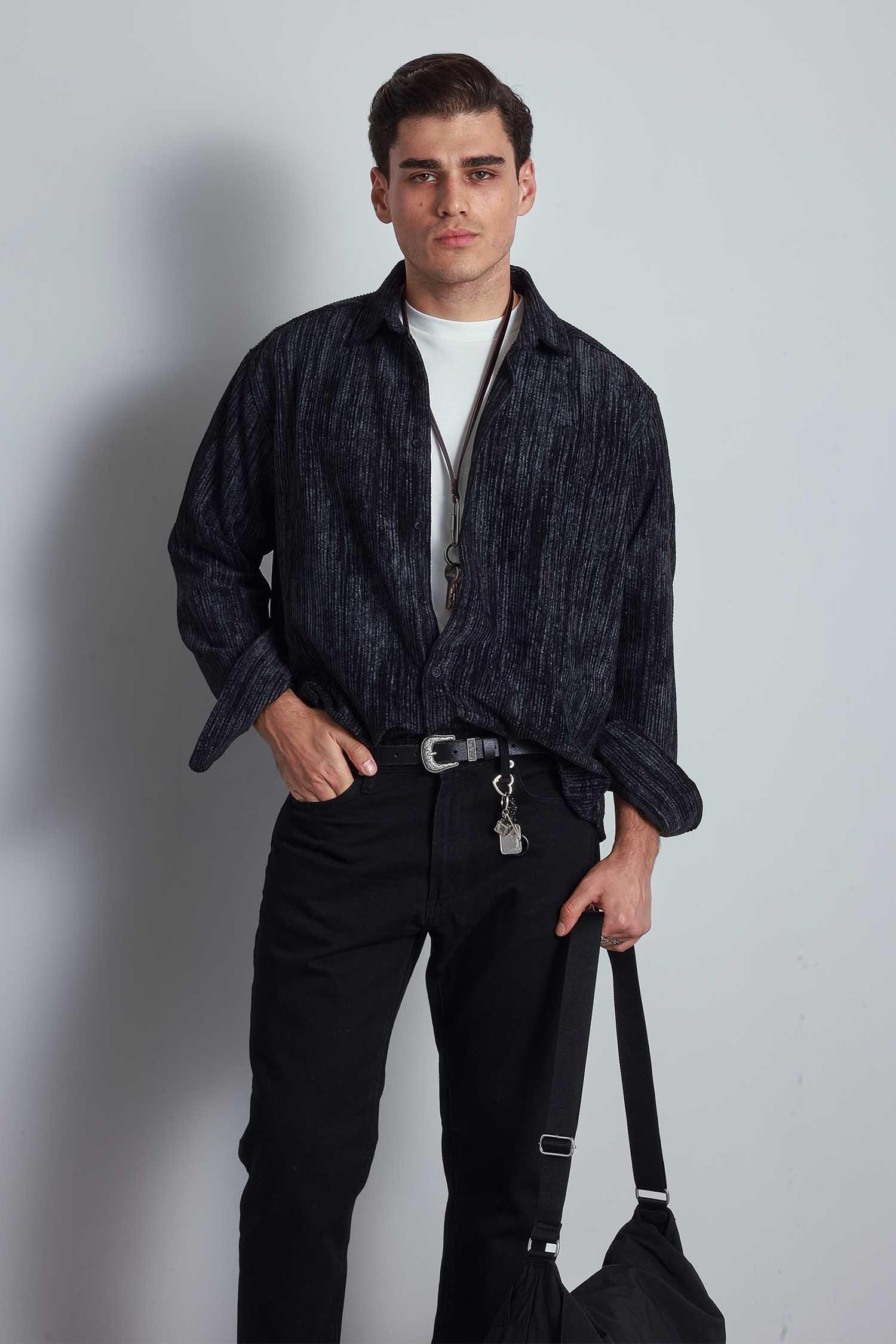 Erkek Oversize Kadife Dokulu Gömlek Siyah