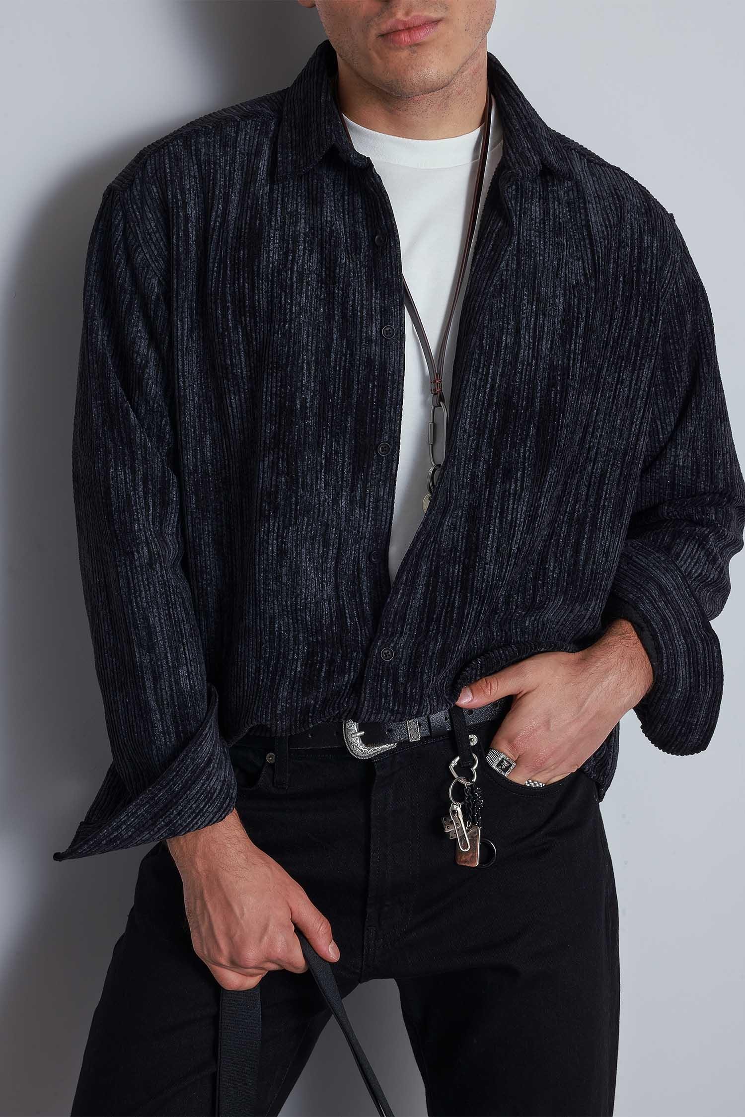 Erkek Oversize Kadife Dokulu Gömlek Siyah