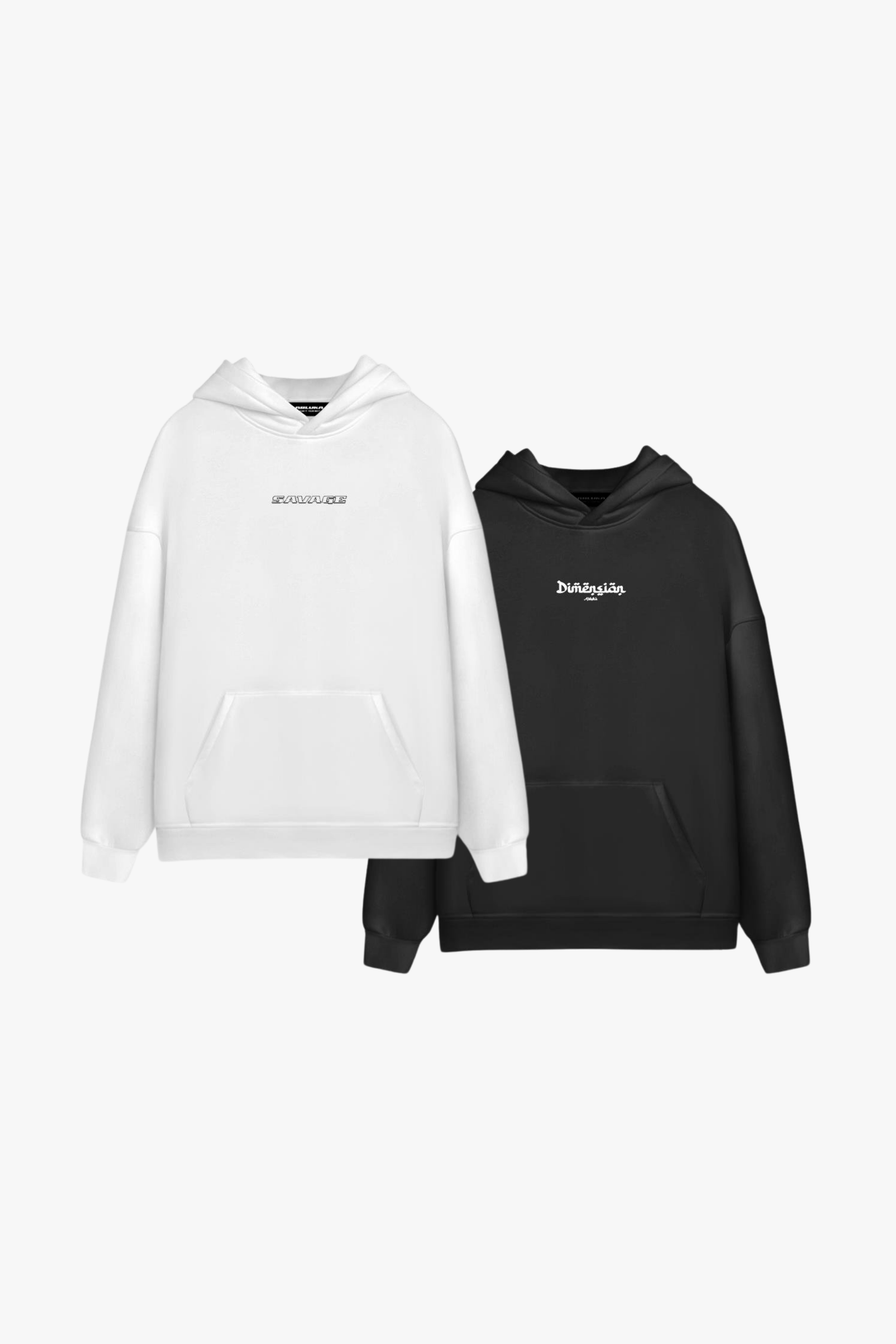 Unisex Oversize 3 İplik Baskılı Kapüşonlu Sweatshirt 2’li Set Beyaz - Siyah