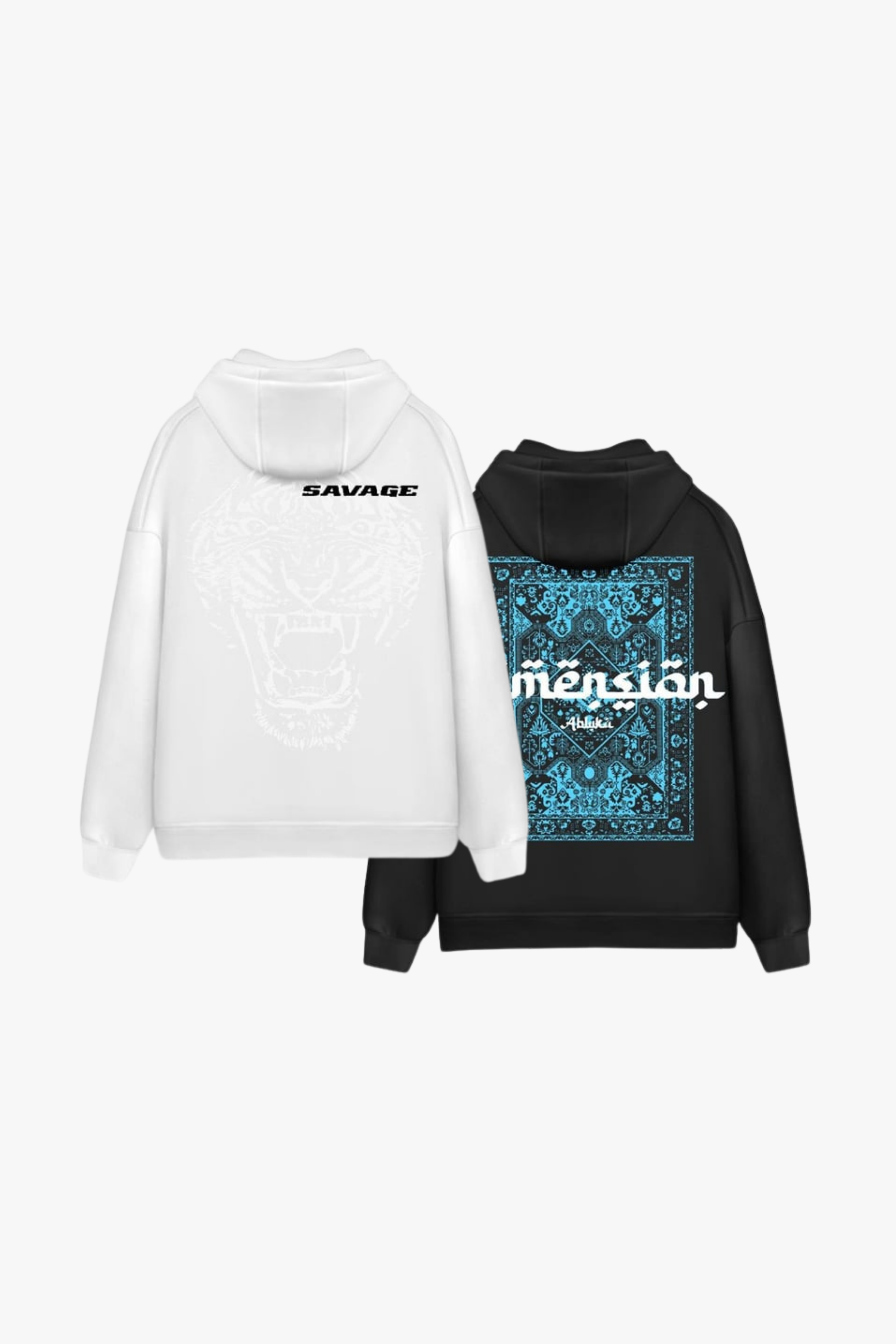 Unisex Oversize 3 İplik Baskılı Kapüşonlu Sweatshirt 2’li Set Beyaz - Siyah