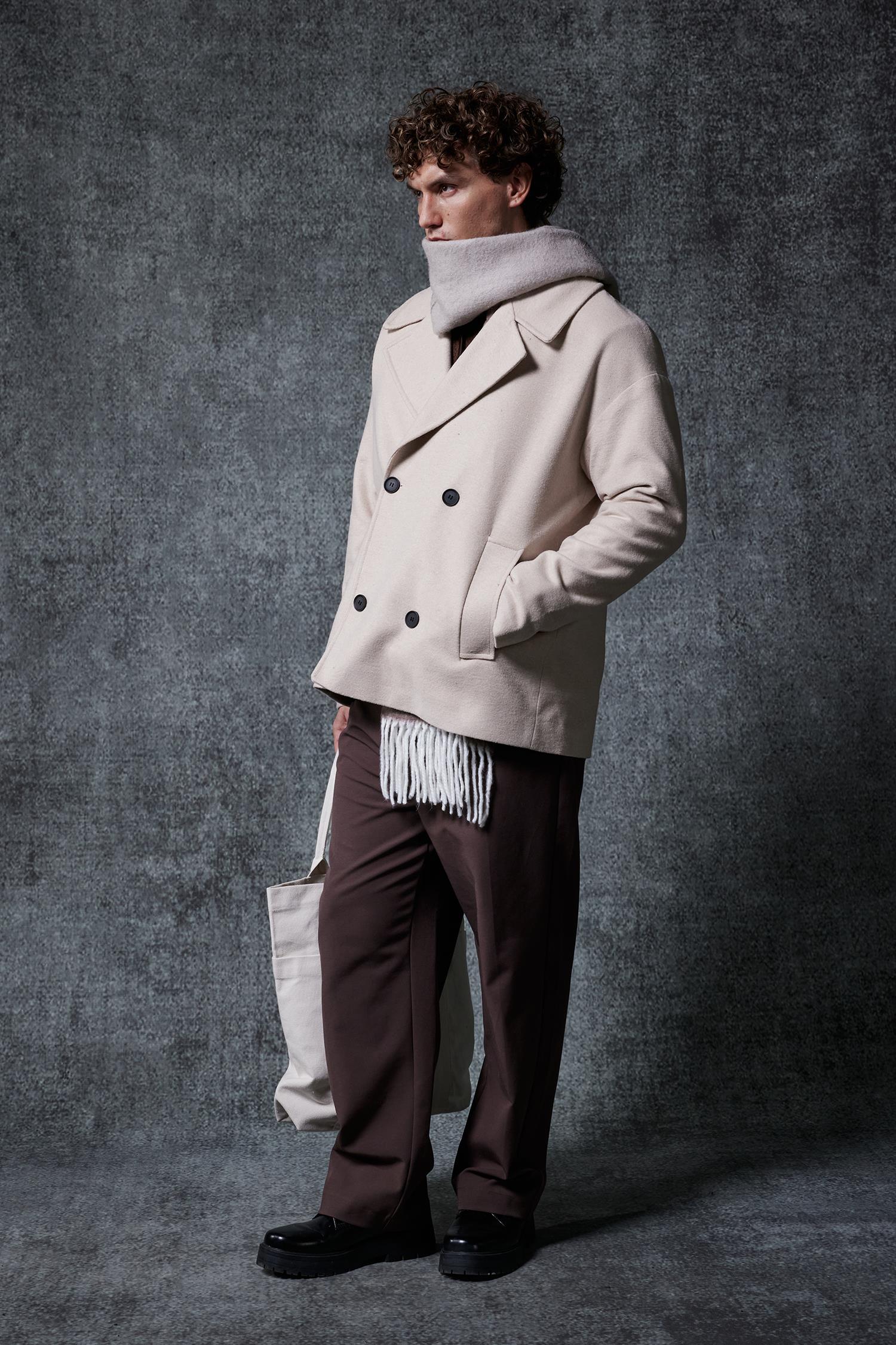 Erkek Oversize Kruvaze Kaban Açık Bej