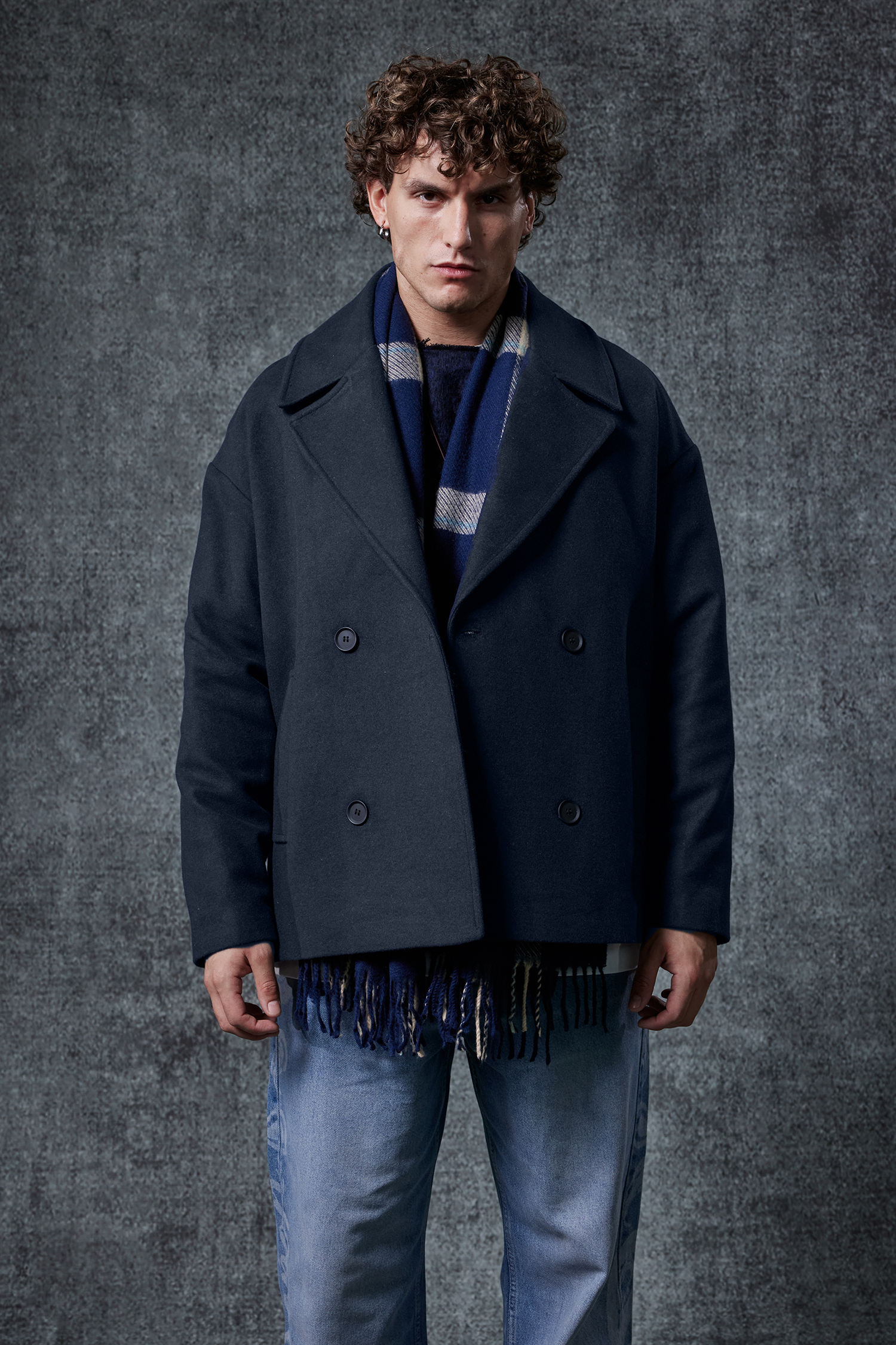 Erkek Oversize Kruvaze Kaban Lacivert