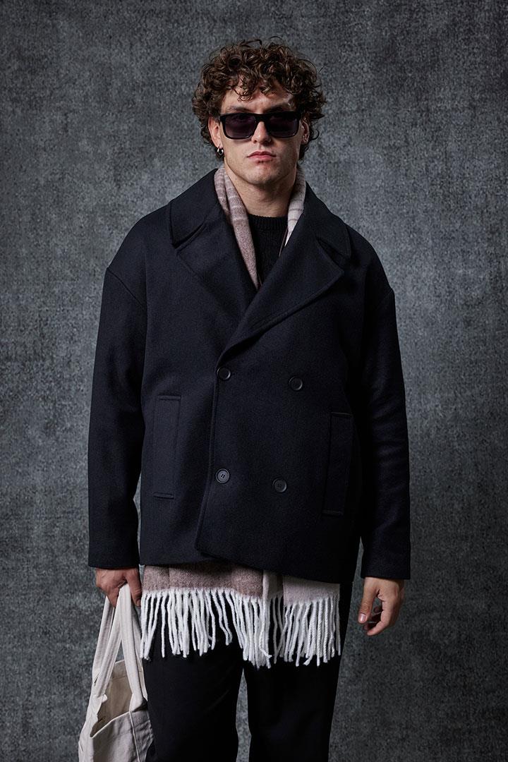 Erkek Oversize Kruvaze Kaban Siyah