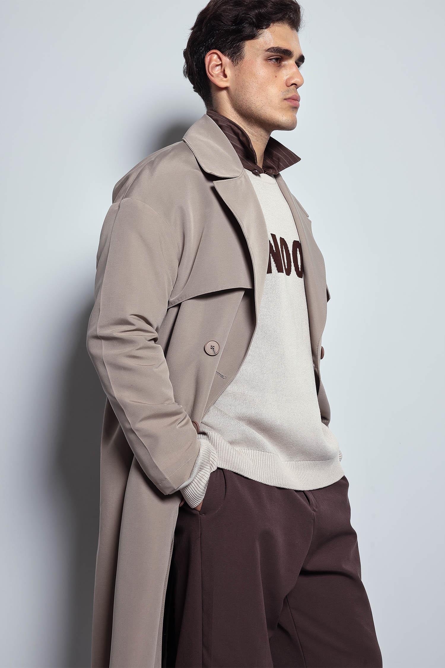 Erkek Oversize Kruvaze Kuşaklı Trençkot Bej