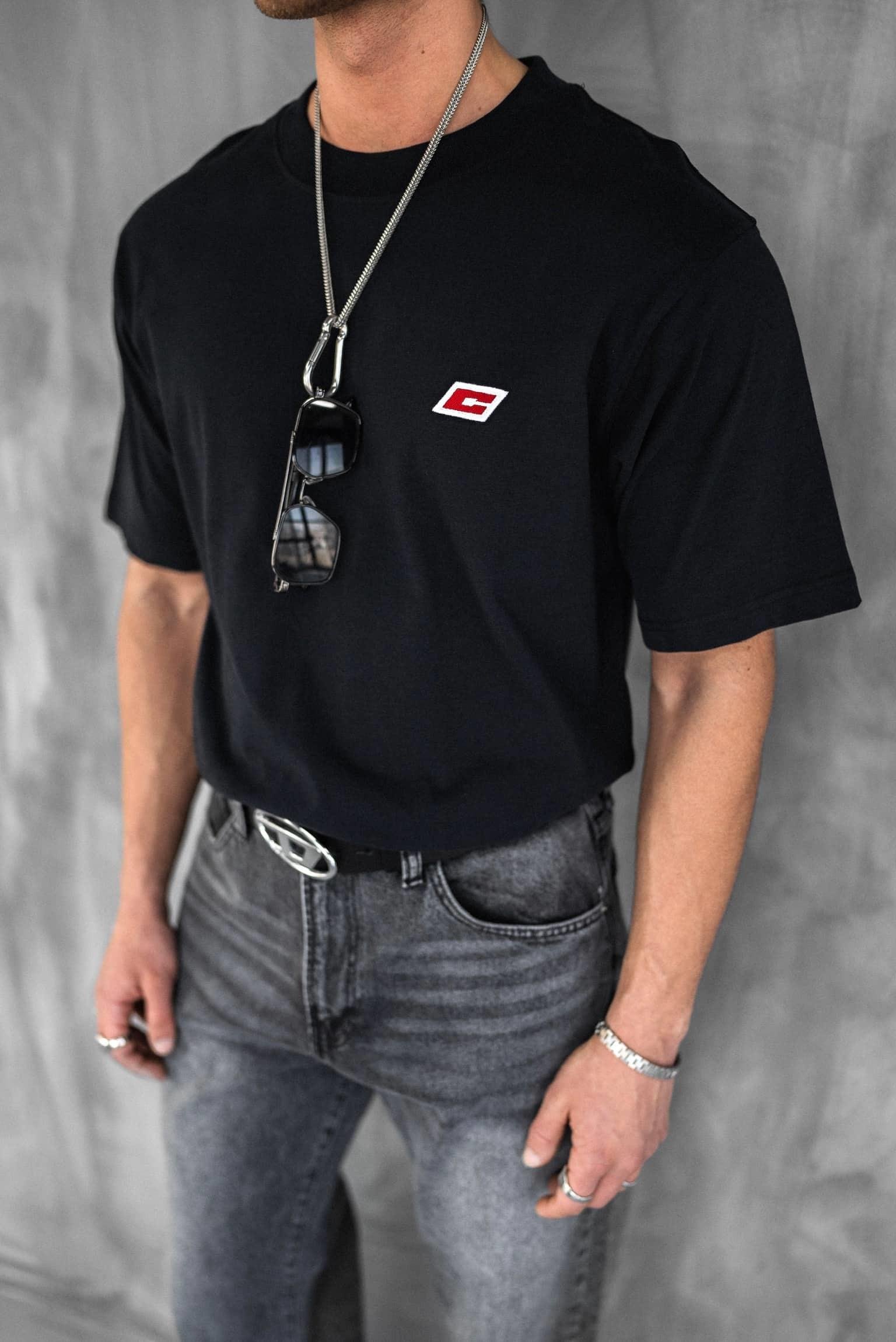 Erkek Oversize Nakışlı T-Shirt Siyah