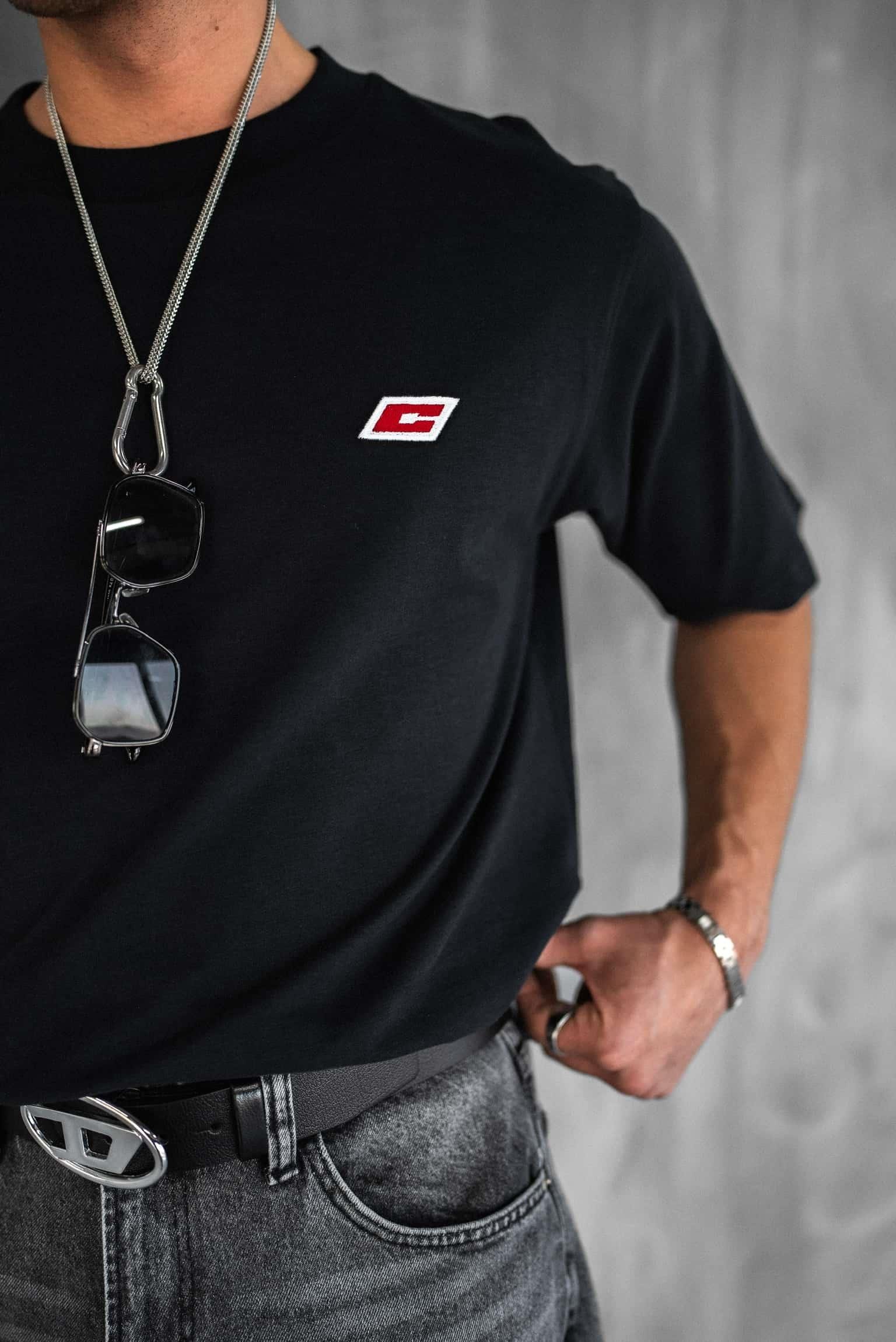 Erkek Oversize Nakışlı T-Shirt Siyah