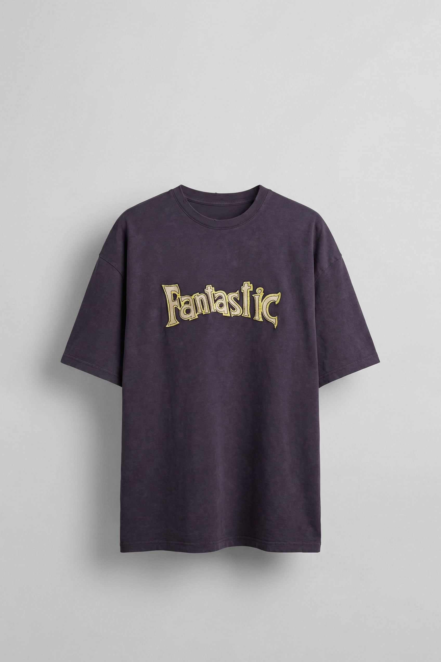 Erkek Oversize Nakışlı Yıkamalı T-Shirt Mürdüm