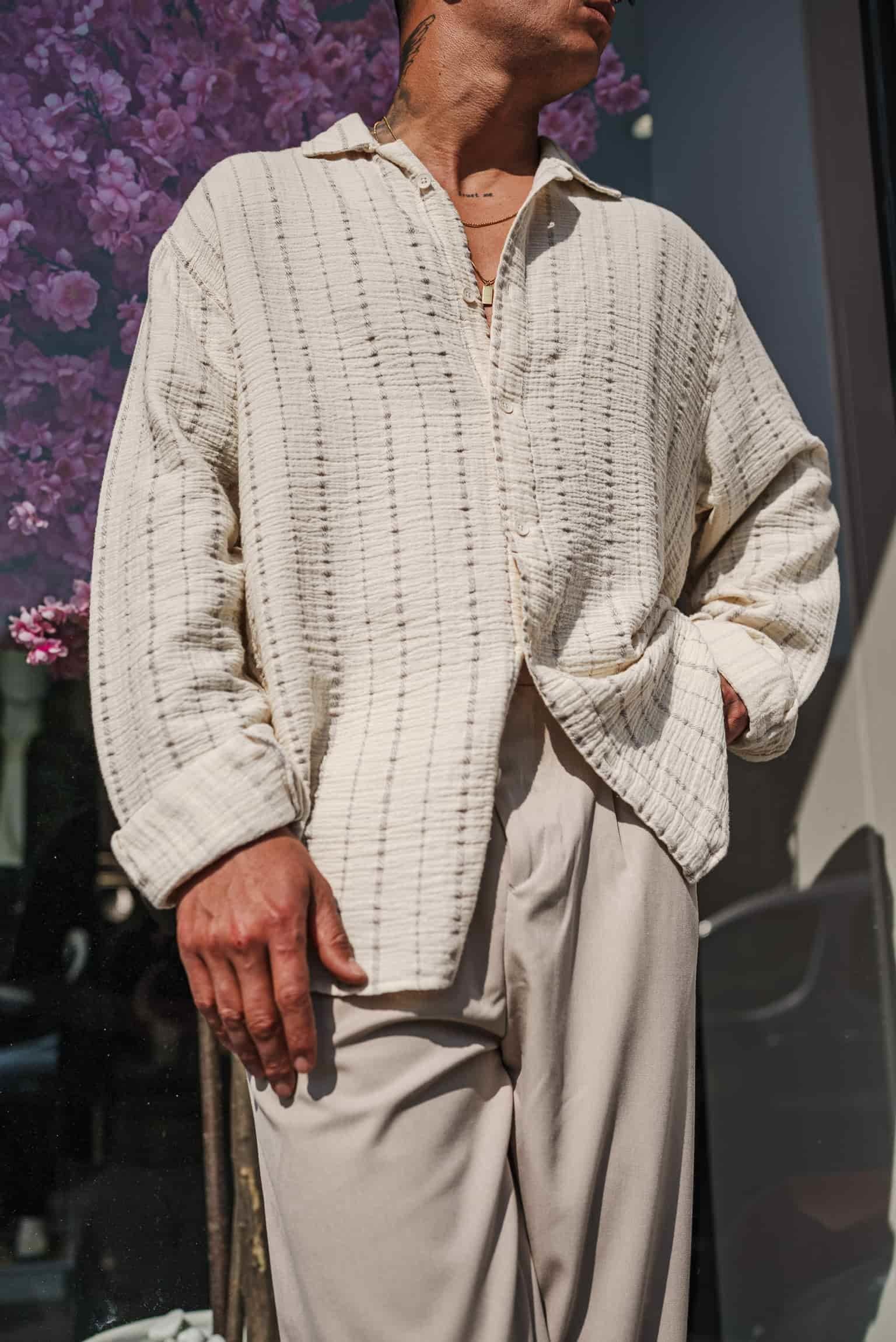 Erkek Oversize Pamuklu Yumuşak Dokulu Çizgili Gömlek Gri Bej