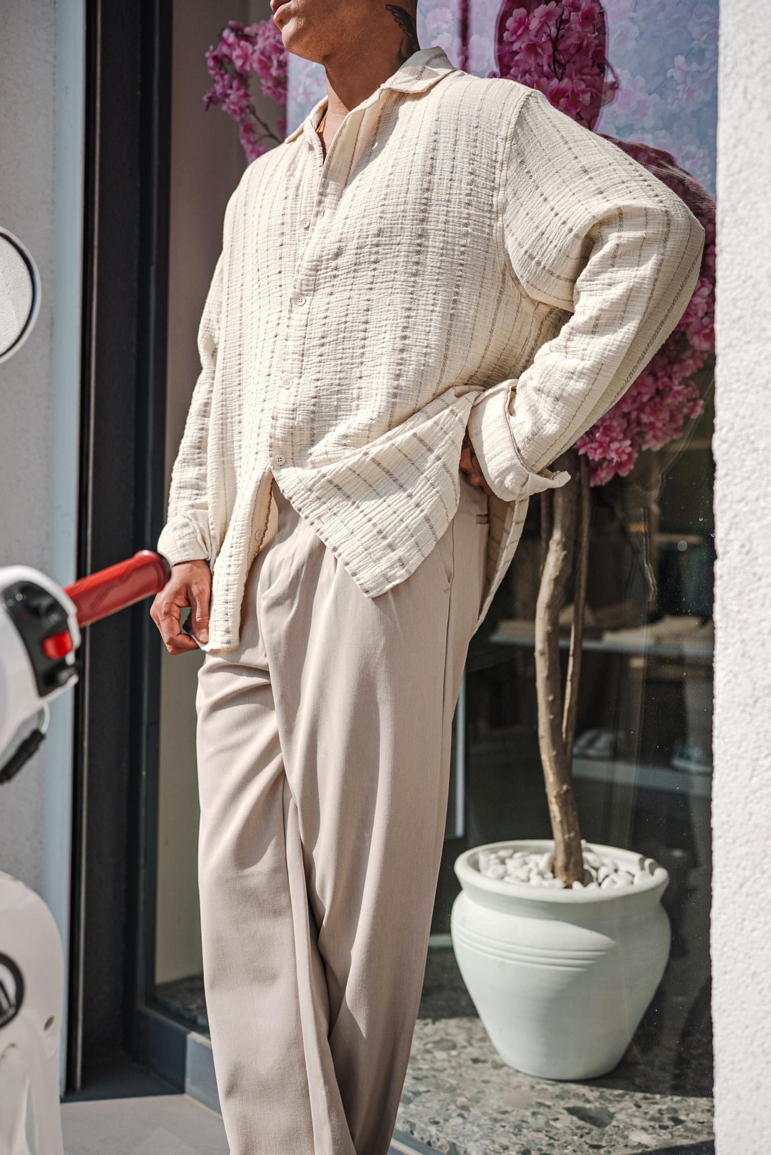 Erkek Oversize Pamuklu Yumuşak Dokulu Çizgili Gömlek Gri Bej