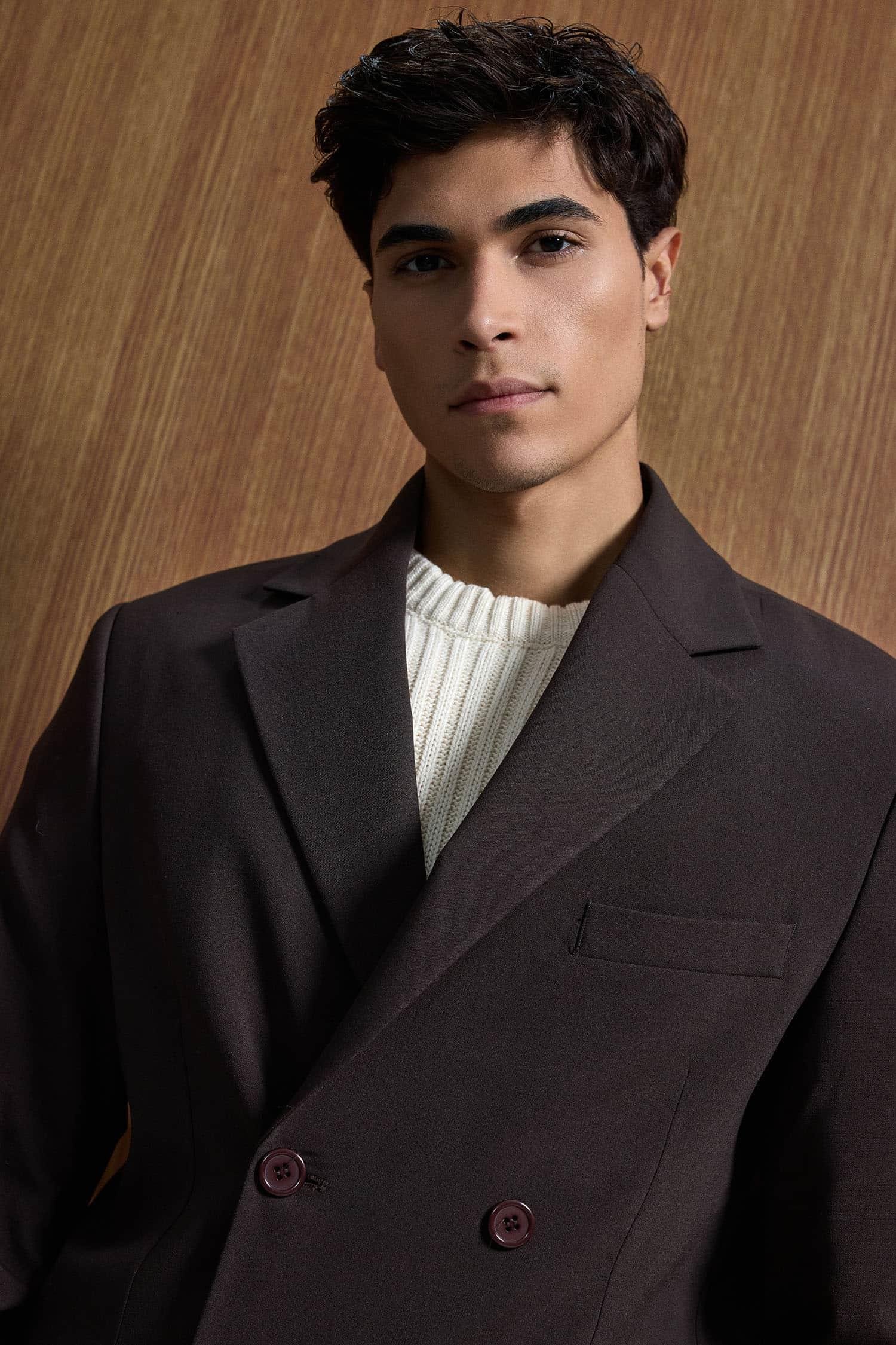 Erkek Oversize Rahat Kalıp Kruvaze Takım Elbise Kahve