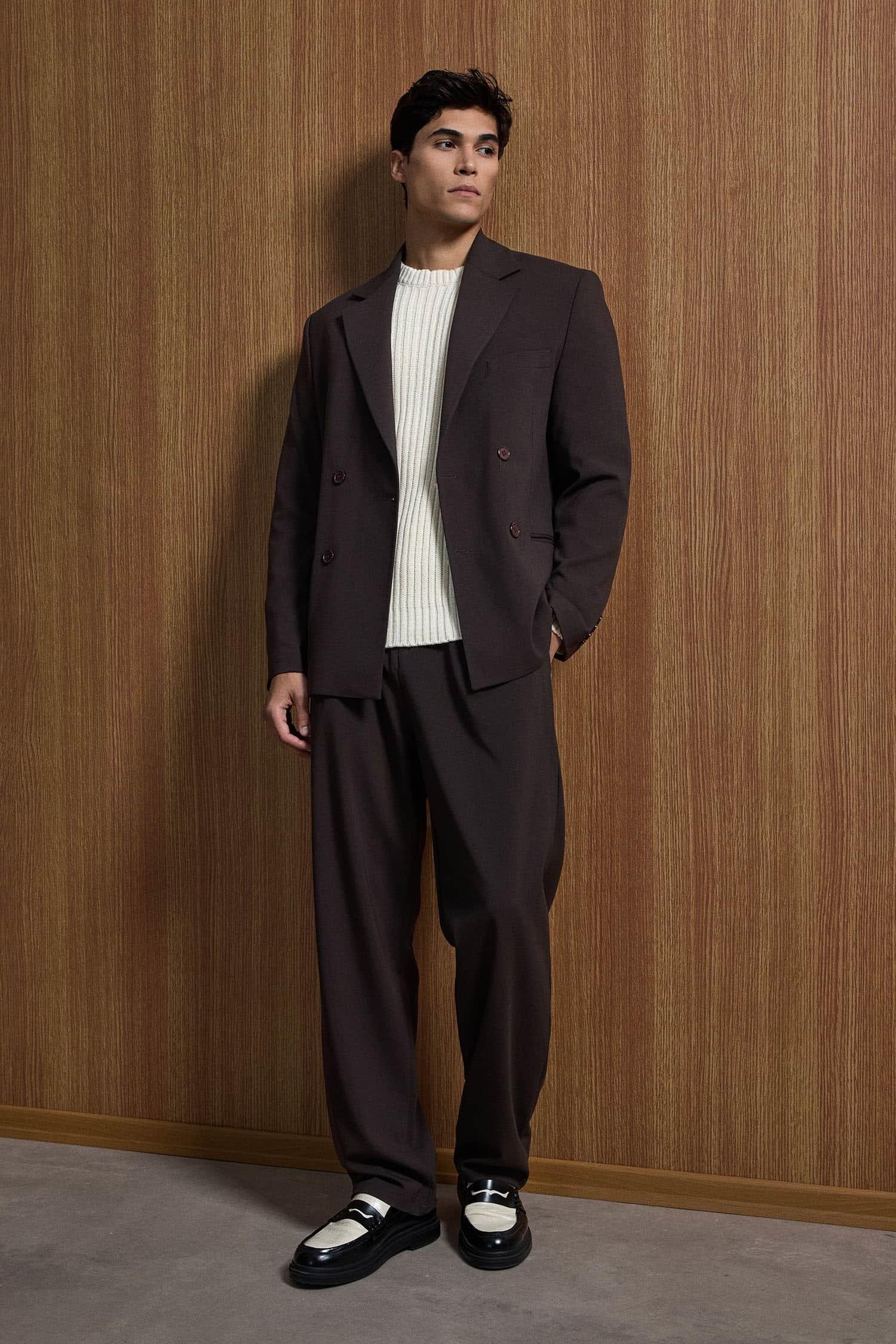 Erkek Oversize Rahat Kalıp Kruvaze Takım Elbise Kahve