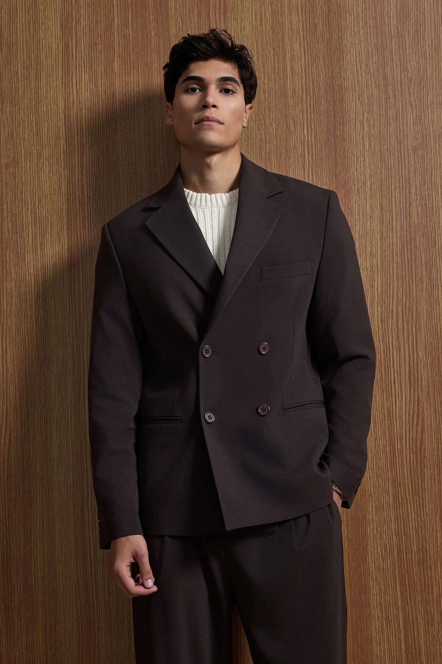 Erkek Oversize Rahat Kalıp Kruvaze Takım Elbise Kahve