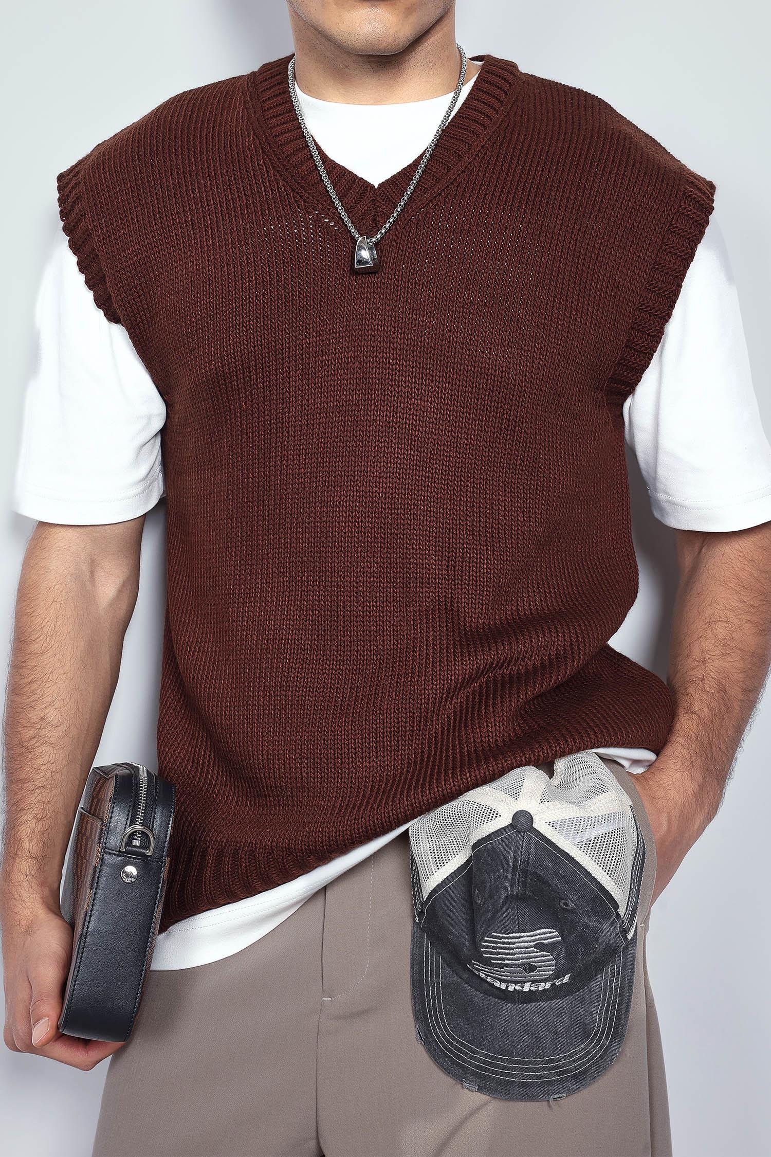 Erkek Oversize V Yaka Triko Süveter Kahve