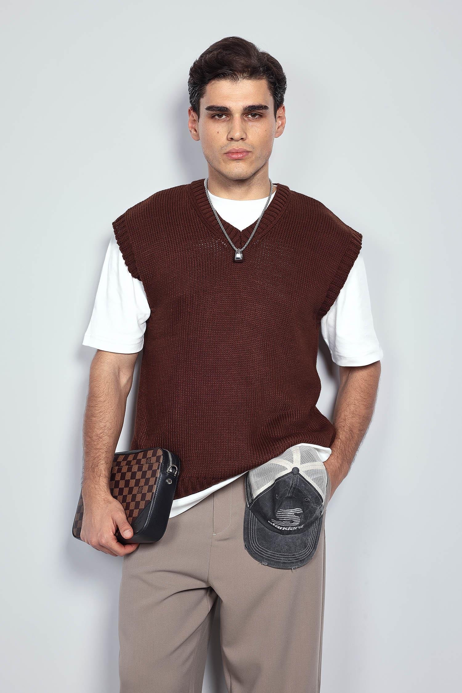 Erkek Oversize V Yaka Triko Süveter Kahve