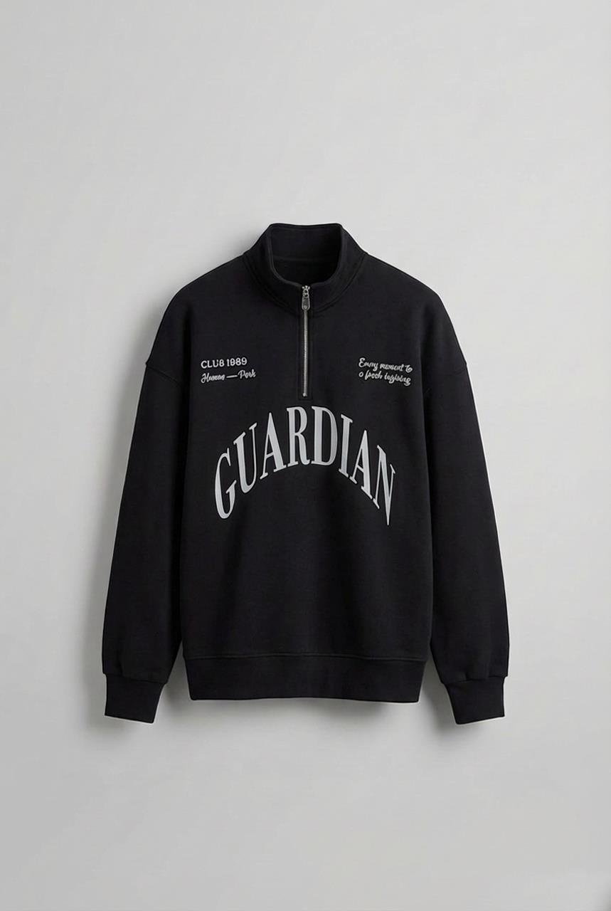 Erkek Oversize Yarım Fermuarlı Dik Yakalı Baskılı Sweatshirt Siyah