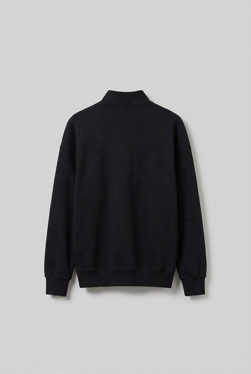 Erkek Oversize Yarım Fermuarlı Dik Yakalı Baskılı Sweatshirt Siyah
