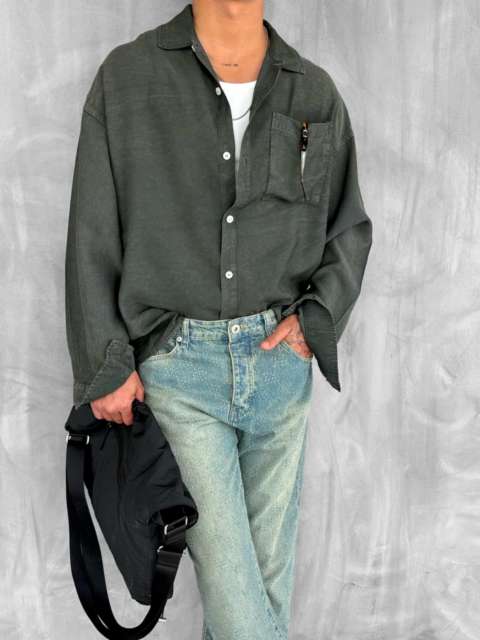 Erkek Oversize Yıkamalı Gömlek Haki