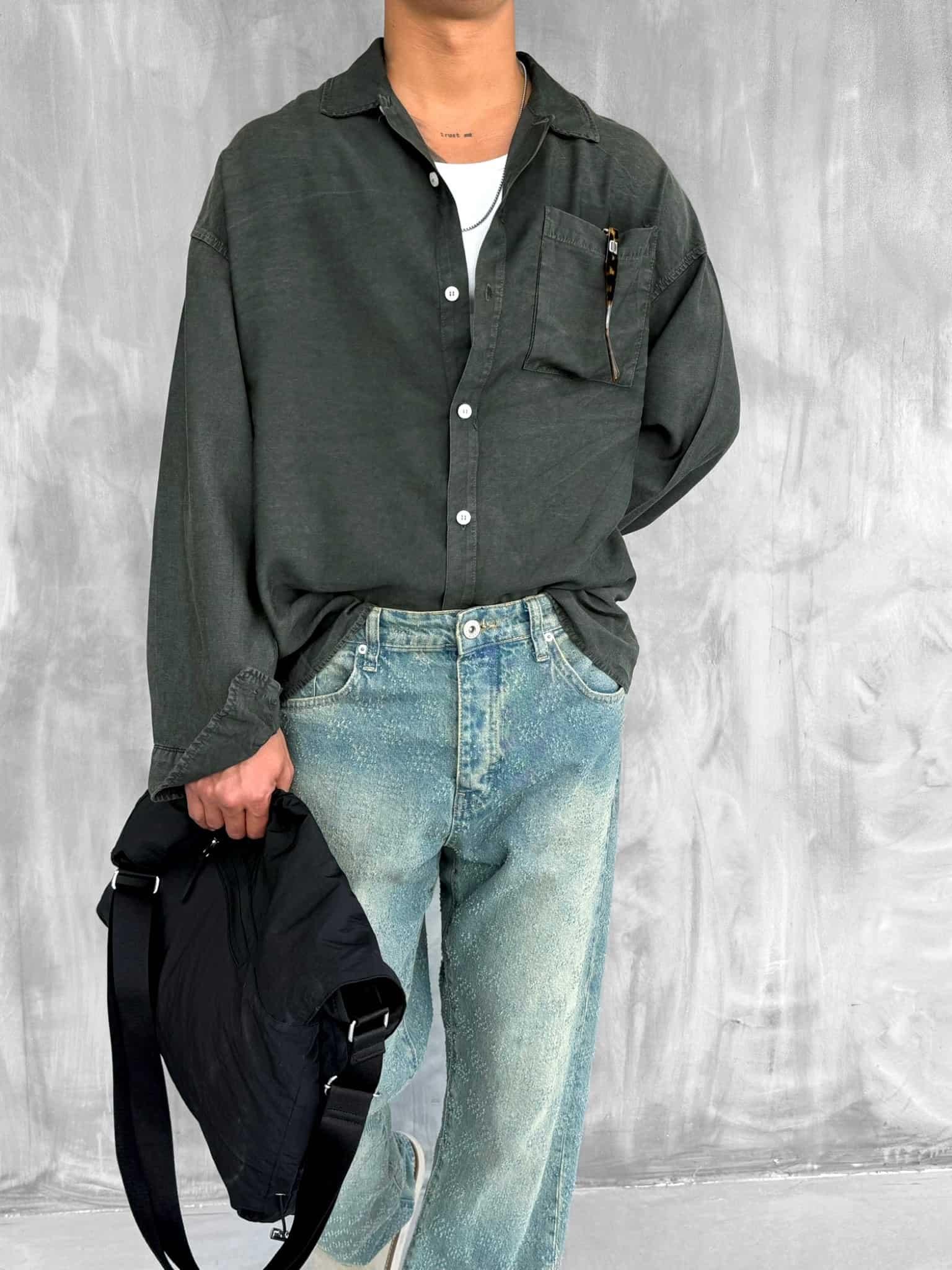 Erkek Oversize Yıkamalı Gömlek Haki