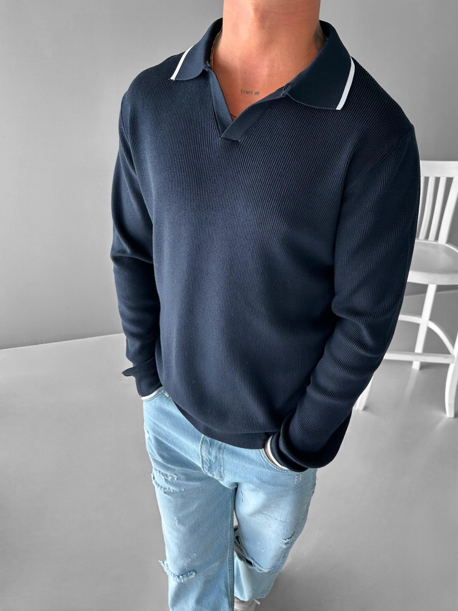 Erkek Polo Yaka İnce Fitilli Kazak Lacivert