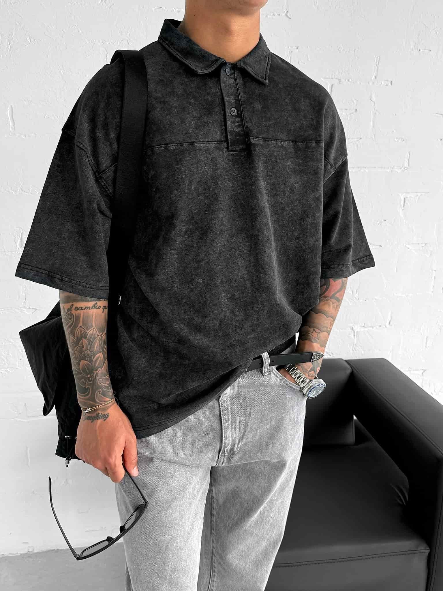 Erkek Polo Yaka Oversize Yıkamalı T-Shirt Siyah