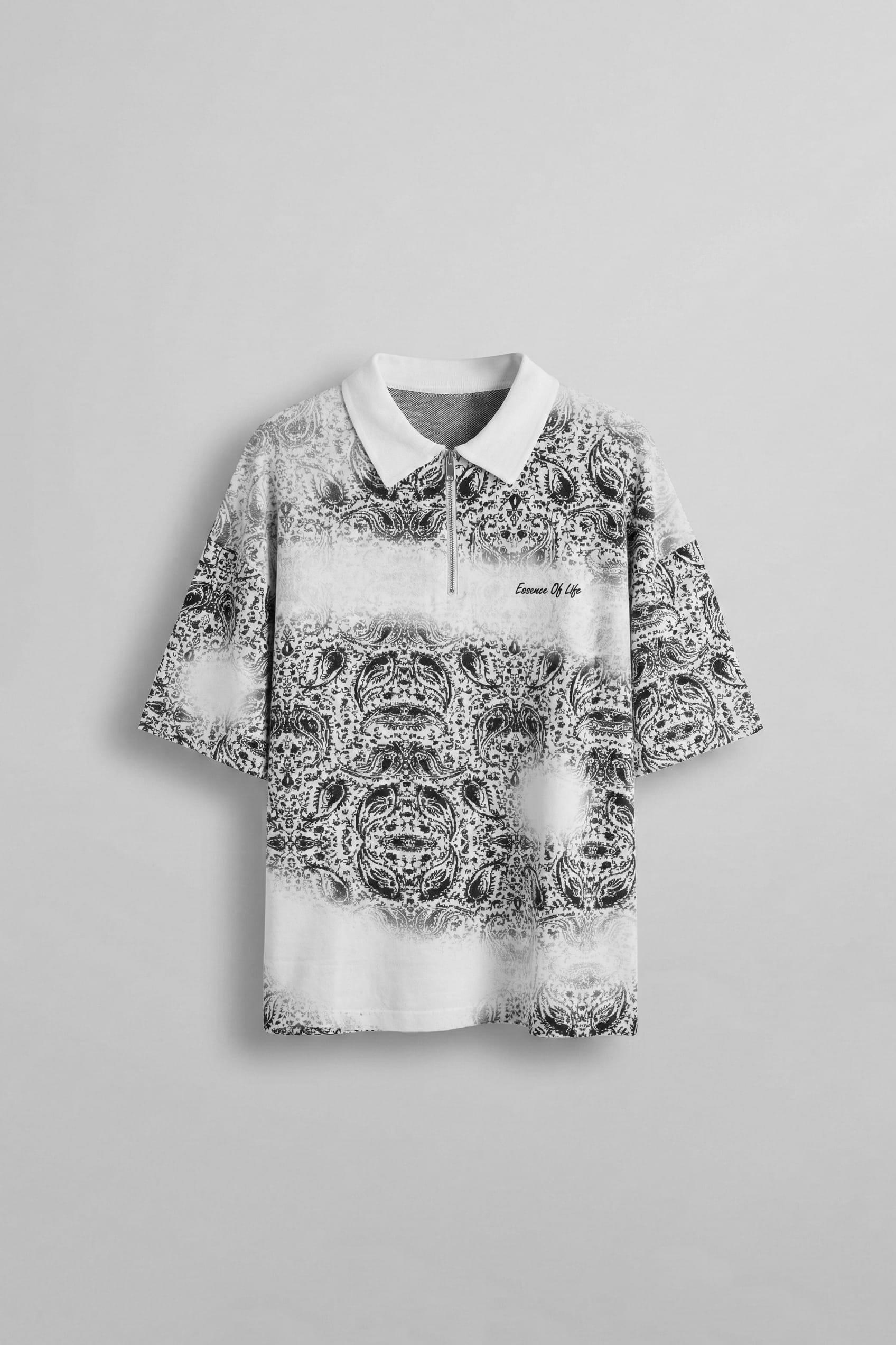 Erkek Polo Yaka Yarım Fermuarlı Baskılı T-Shirt Beyaz