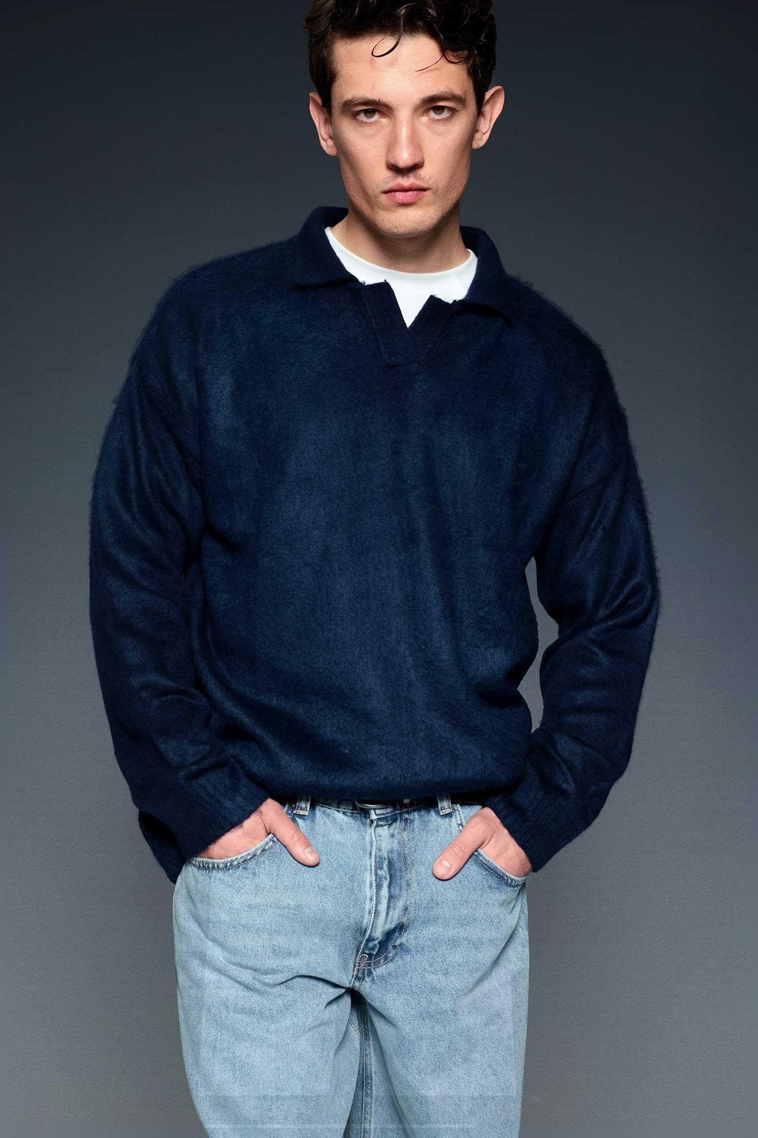 Erkek Polo Yaka Yumuşak Dokulu Oversize Kazak Lacivert