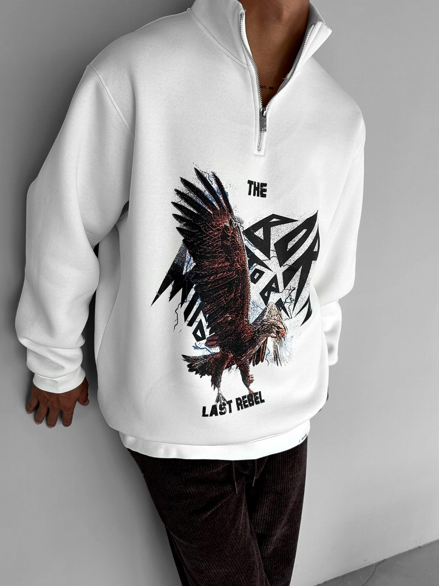 Erkek Rahat Kalıp Baskılı Yarım Fermuarlı Sweatshirt Ekru