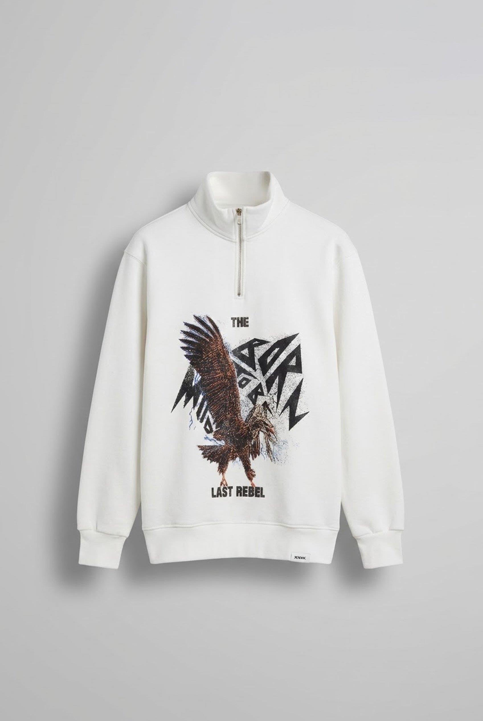 Erkek Rahat Kalıp Baskılı Yarım Fermuarlı Sweatshirt Ekru