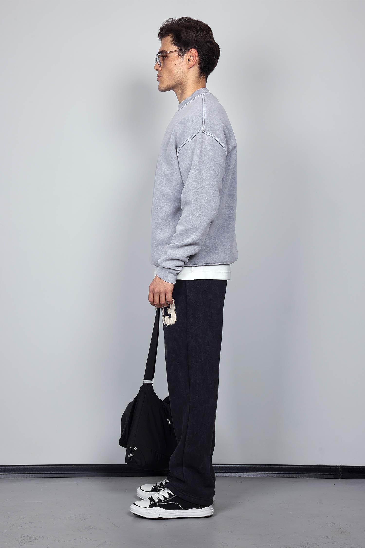 Erkek Rahat Kalıp Baskılı Yuvarlak Yaka Sweatshirt Gri